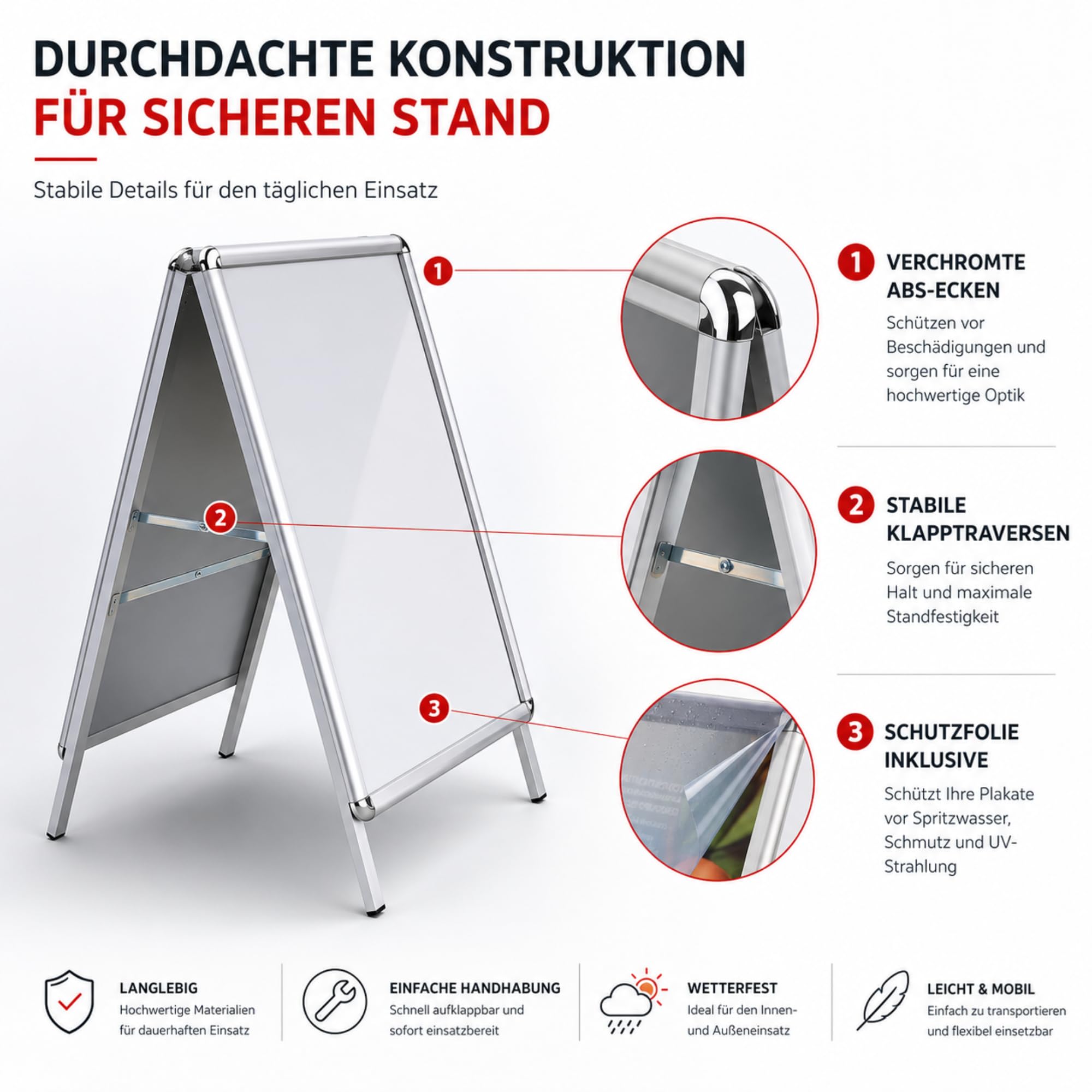 OfficeMarshal Kundenstopper DIN A1 - mit Alu Rahmen 25mm - beidseitig für 2 Plakate -inklusive Schutzfolie - wetterfester Plakatständer - Gehwegaufsteller Werbetafel