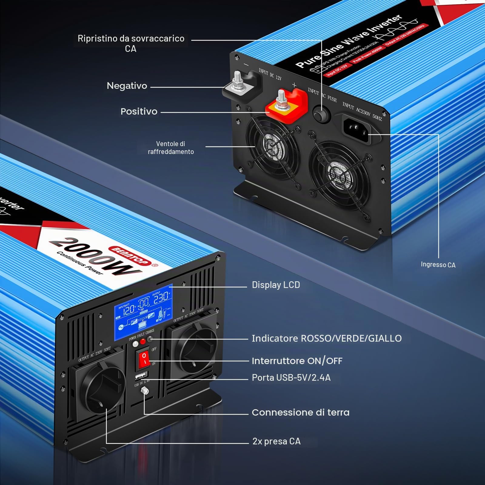 2000/4000W Inverter 12V 220V onda pura | UPS Senza interruzioni, corrente di carica da 30 A, LCD Intellgent & porta USB, 2 EU per Camper, Casa, Emergenze