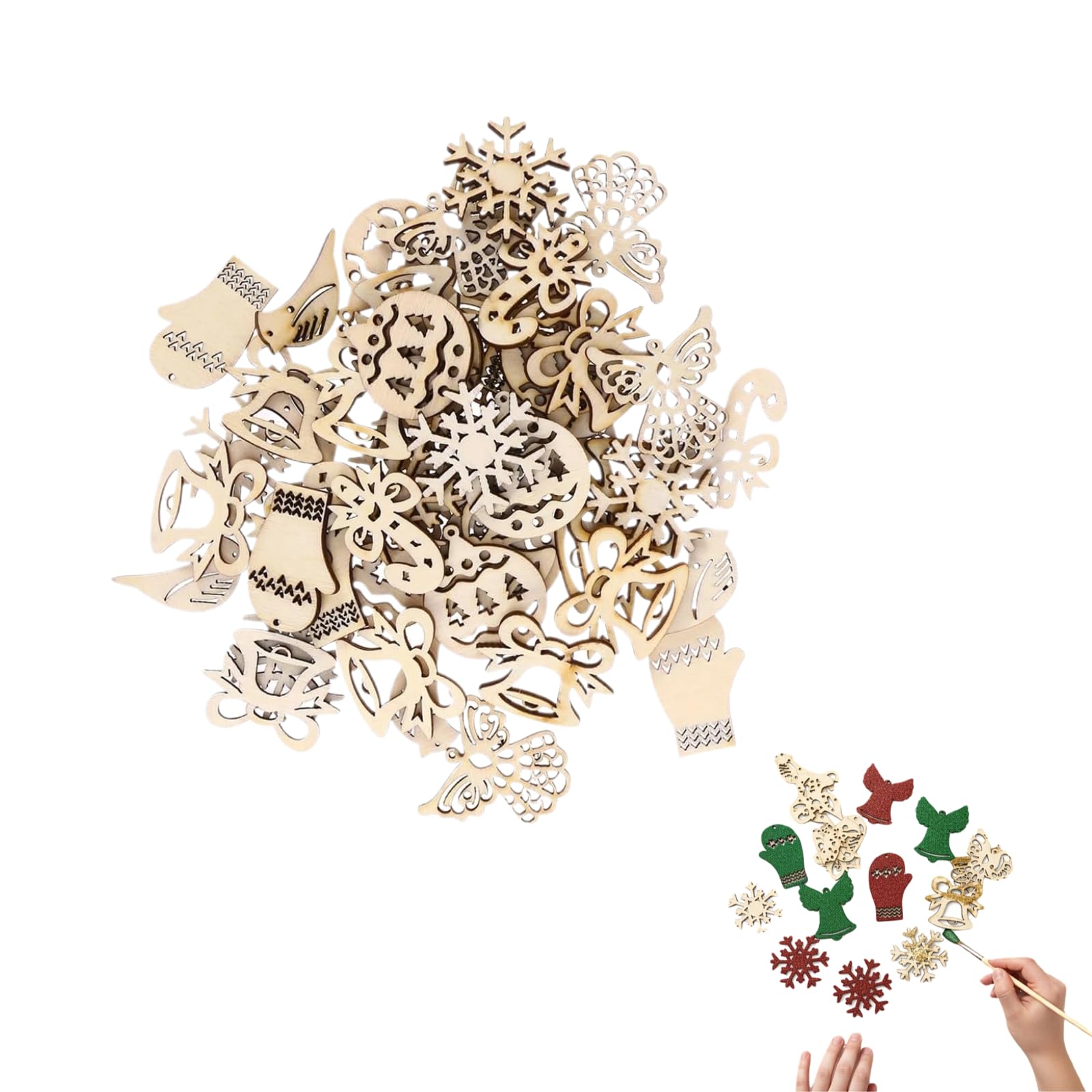 SUPVOX 50pcs Wooden Snowflake Ornaments, Unfinished Hollow Christmas Tree Cutouts with Hanging Strings for DIY Craft Painting, Natural Wood Xmas Decorations
