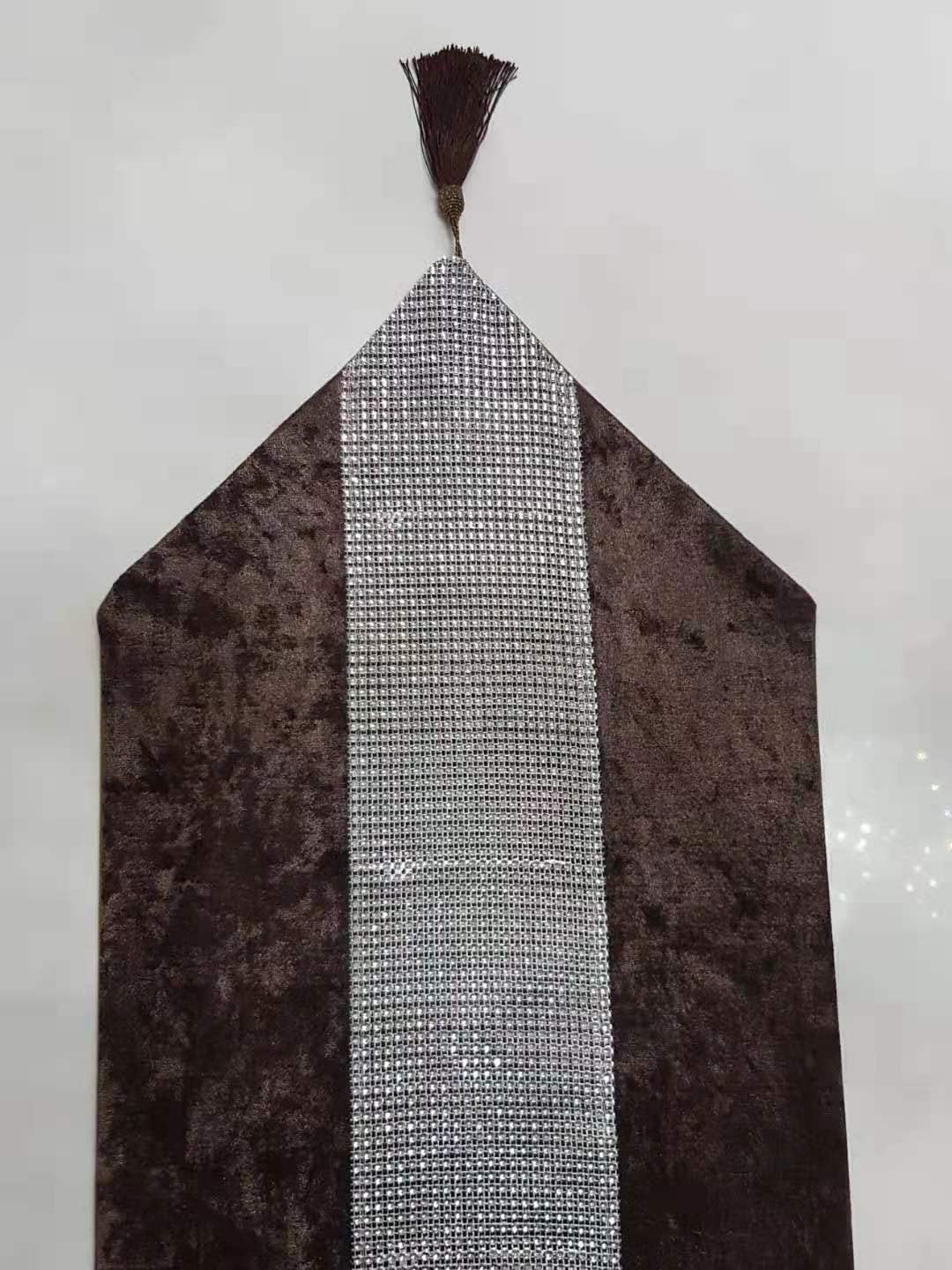 Crushed Velvet Table Runner Diamante 33x196 CM Dining Sparkle Tasseled Edges (Brown, G-26 33x196 cm)
