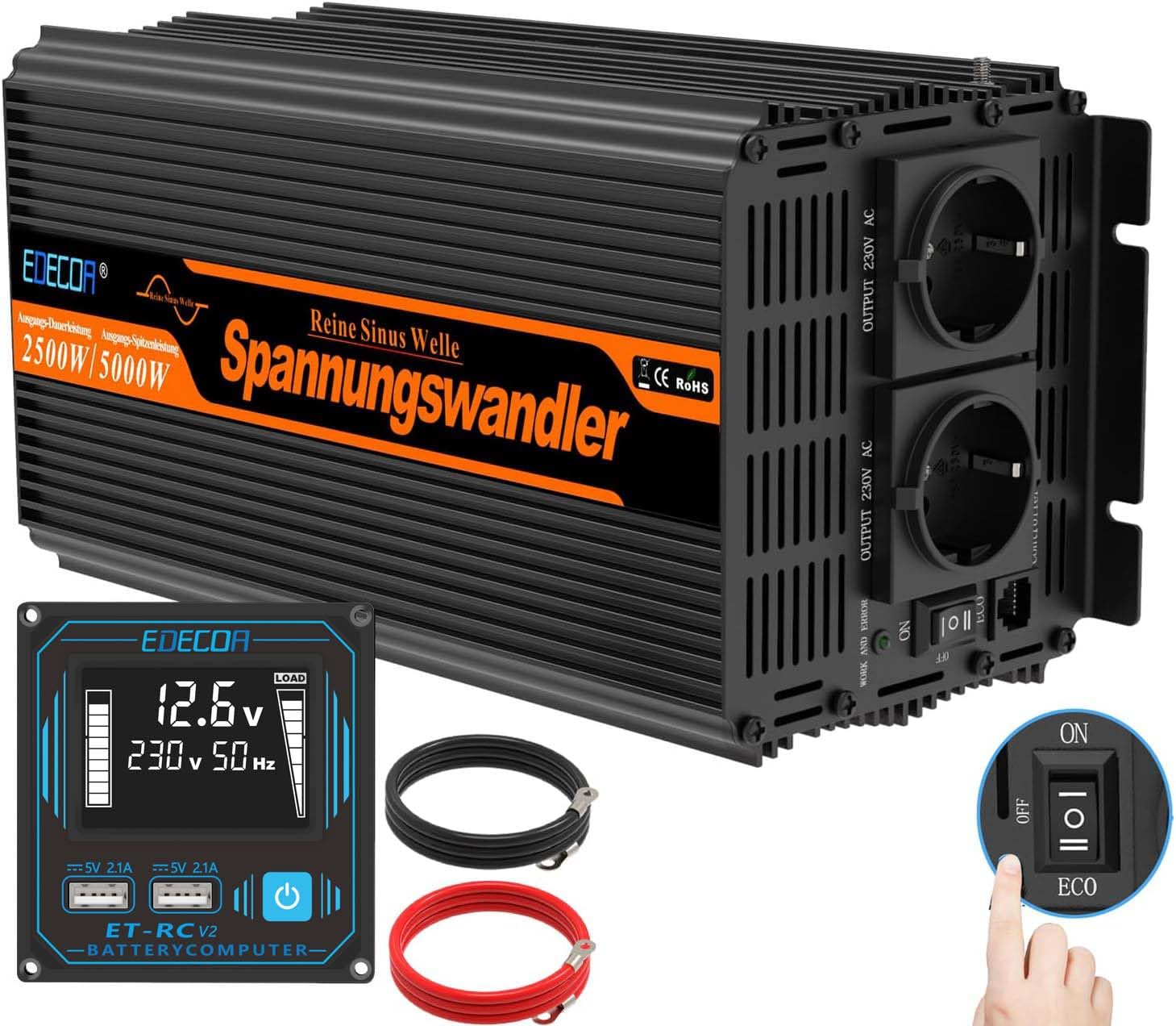 EDECOA Konwerter 12 V, 220 V, czysty Sinus, 2500 W, pilot 2 x USB, ekran do paneli słonecznych, falownik, izolacja galwaniczna (2. generacji)