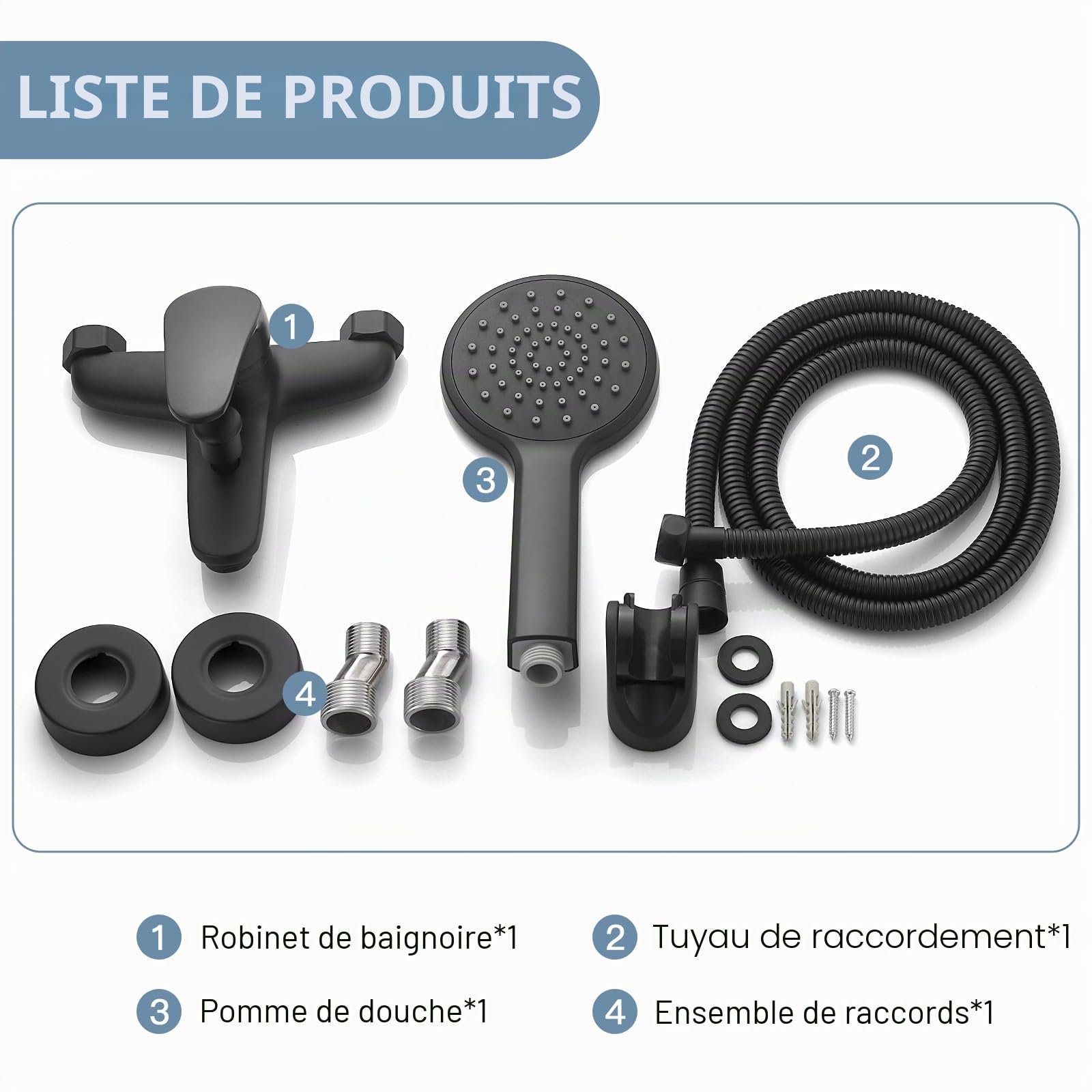 Robinet de Baignoire Noir, Mitigeur de Baignoire Noir avec Douchette et Flexible de Douche (1.5m) Support, Mitigeur monocommande de Douche Mural, Robinet Douche Universel Filetage G1/2