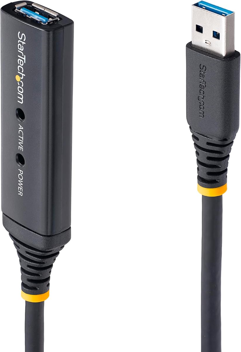 StarTech Cable de extensión USB activo de 5 Gbps de 16,4 pies, USB-A M/F, TAA | Repetidor 3.0, Con adaptador de alimentación de CA, Totalmente blindado, USB 3.2 Gen1 Tipo-A, Alimentación por USB, Indicador de estado LED azul