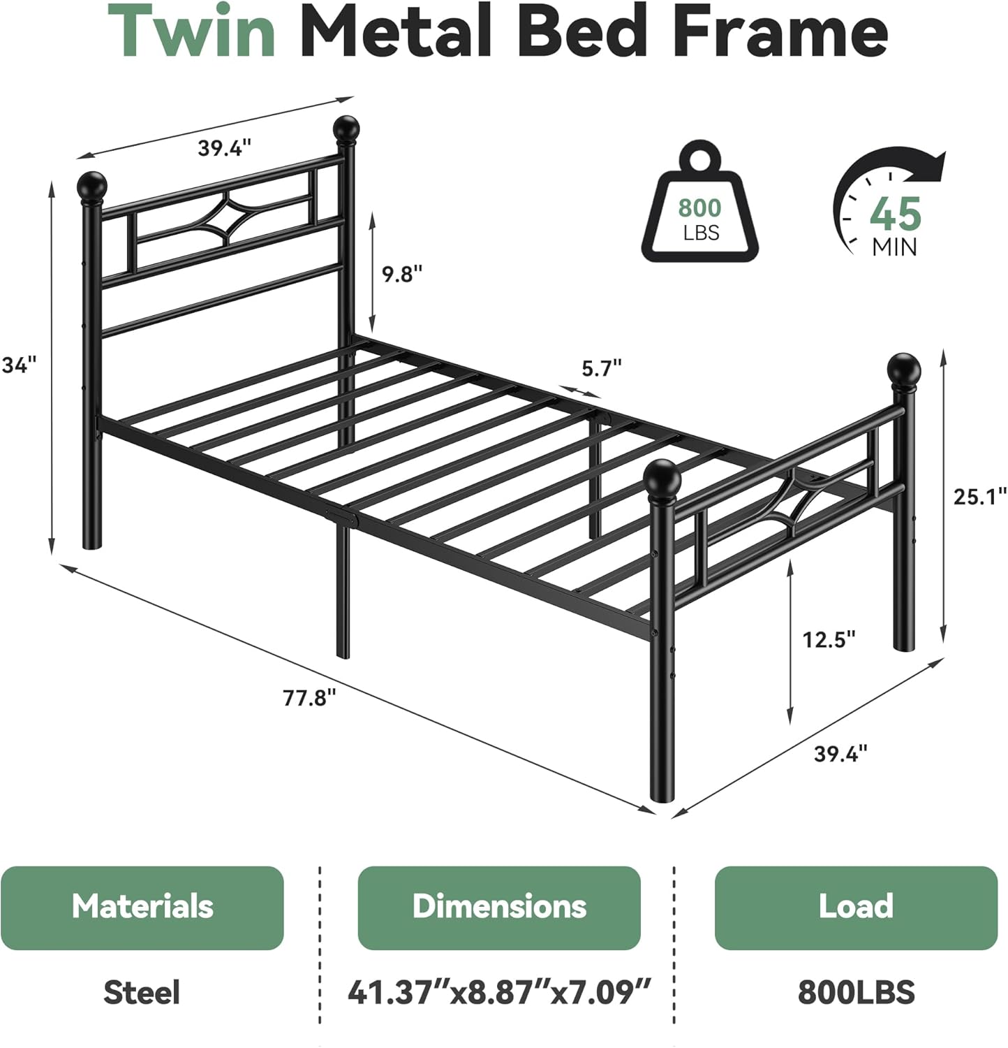 BedsPick Twin Bed Frame with Headboard and Footboard, Metal Platform Bed Frame with Round Corner Ball, 800 LBS Heavy Duty Steel Slats Support, No Box Spring Needed/Noise-Free/Easy Assembly, Black
