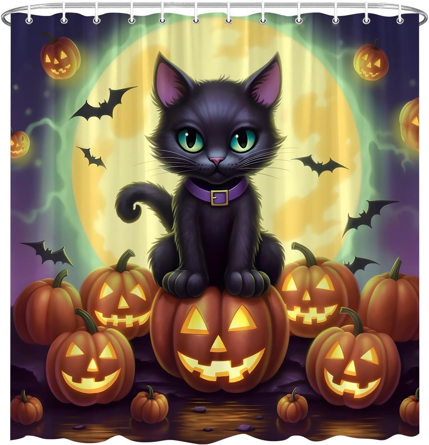 Funny Halloween Shower Curtain Cute Black Cat Standing Pumpkin Head Full Moon Bat Gothic Holiday Halloween Theme Polyester Fabric Bathroom Decor 108×70 Inch with Hook
