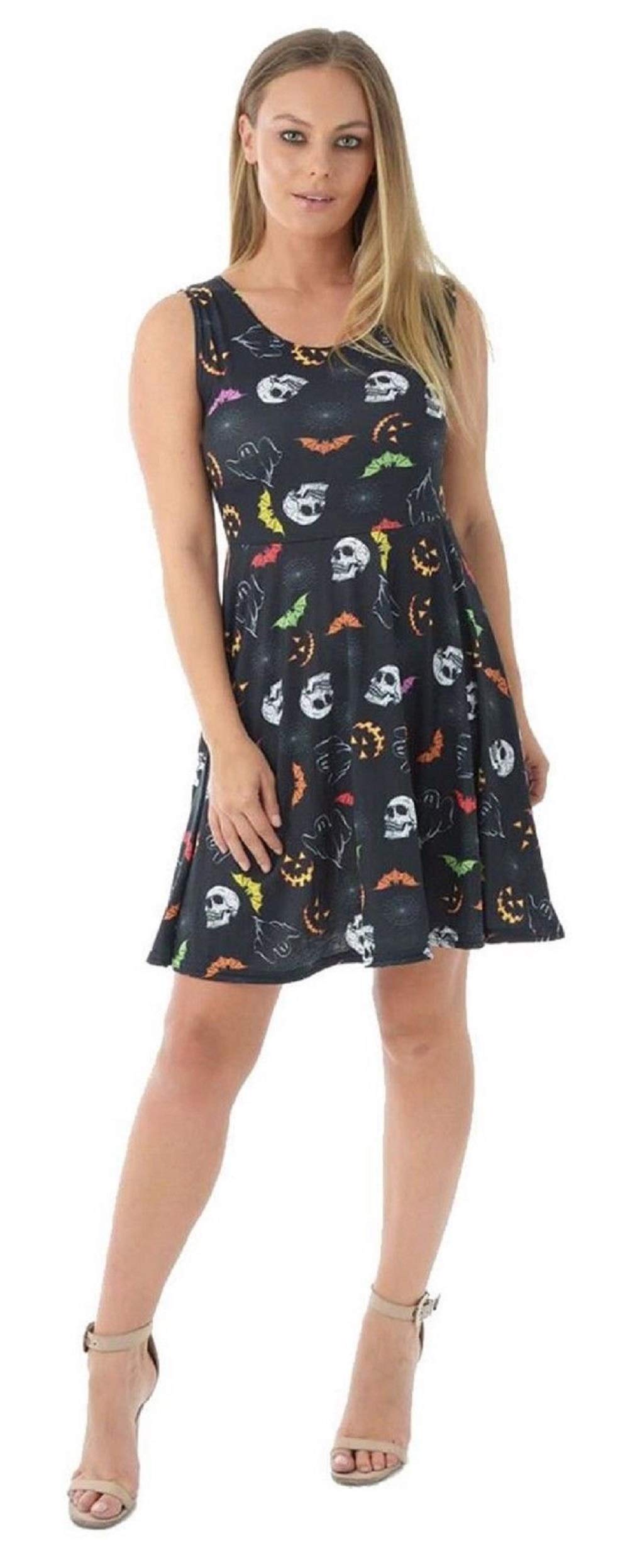 Metluq M0d4 Women's Bat & Skull Print New Halloween Sleeveless Skull Pumpkin Bat Candle Cross Print Mini Skater Dress 8-22 (, Uk 20-22 Xxl)
