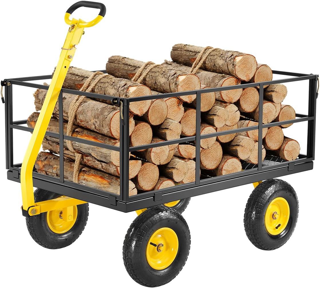1400 Lbs Steel Garden Cart, Heavy Duty Pullable Garden Wagon Yard Cart, 2 in 1 Outdoor Metal Utility Wagon Yard Trailer with 13" All Terrain Tires, Mesh Removable Sides and 180°Rotating Handle