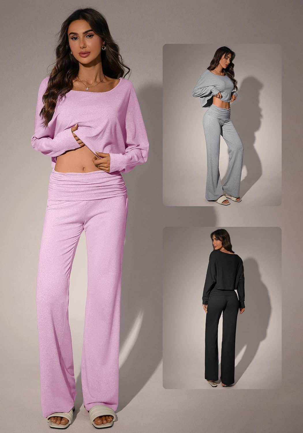 Women’s 2 Piece Lounge Set, Long Sleeve Off Shoulder Top & Wide Leg Pants – Soft, Stretchy Outfit for Home & Travel - Image 4