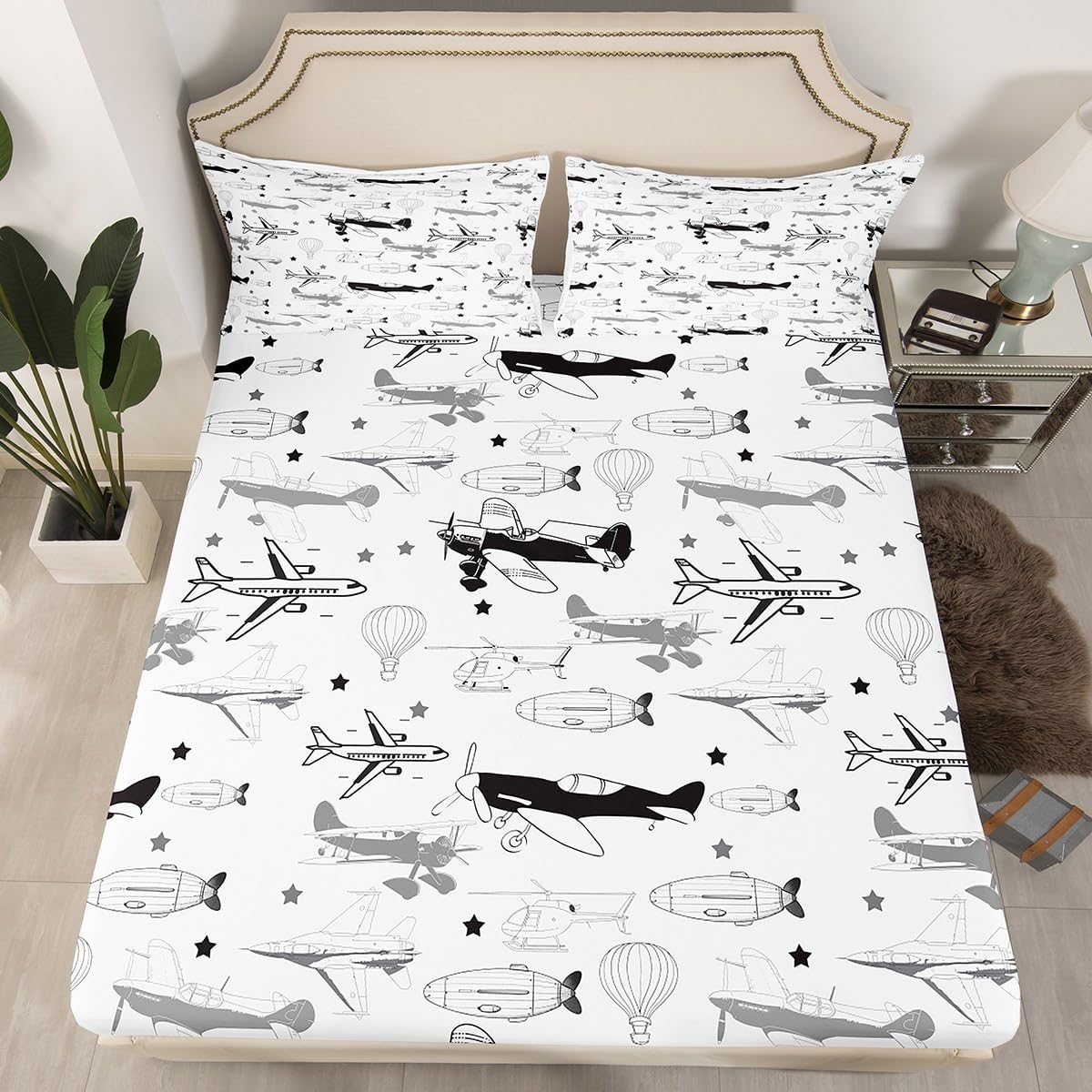 Aircraft Bed Sheet Queen Set Cartoon Airplane Sheets Sets Adults Bedroom Decor Modern Airplane Microfiber Bedding Set with Flat,Fitted Sheet,2 Pillow Cases