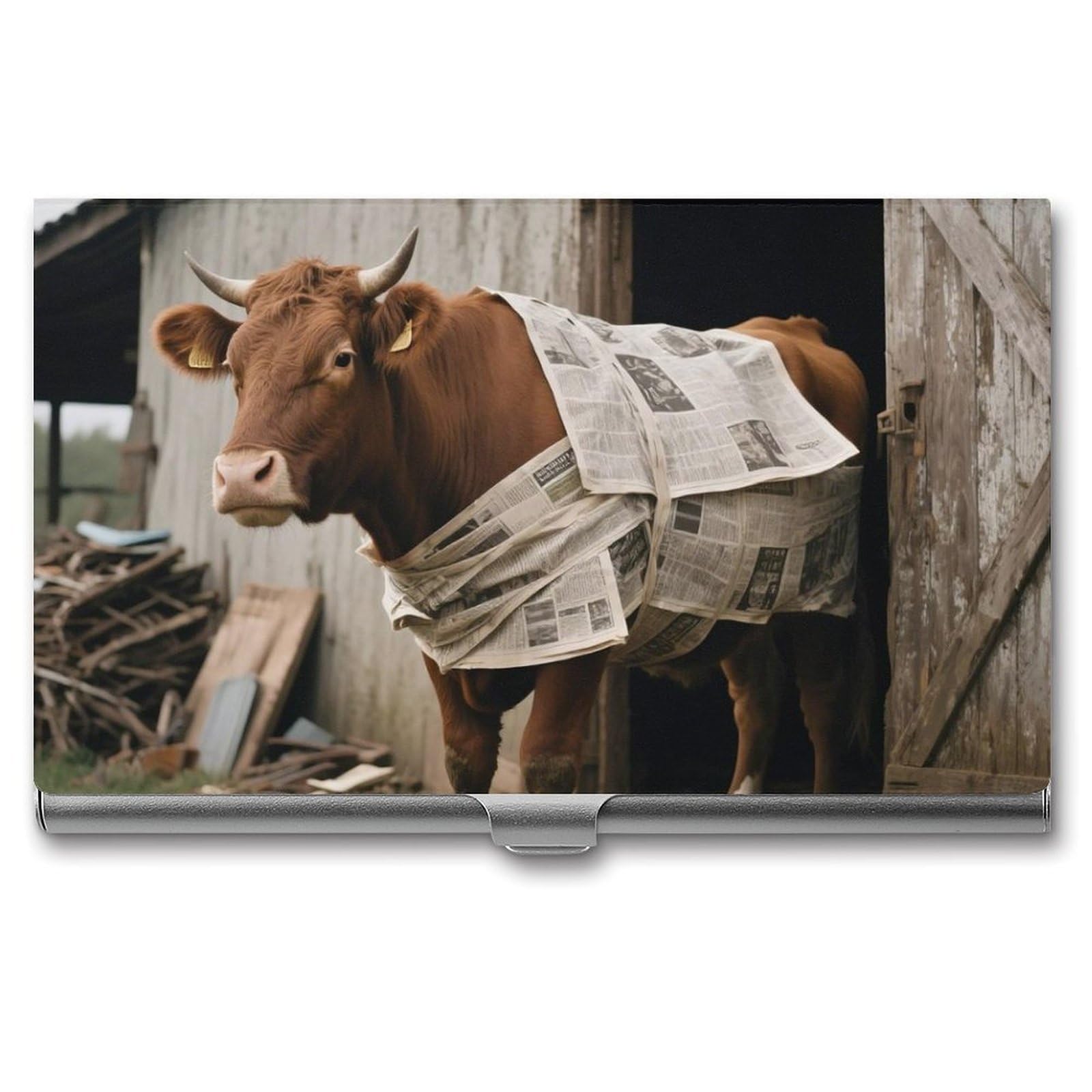 DWVTSLH Newspaper Cow Business Card Holder, Slim Portable Metal Business Card Case Pocket Wallet Professional Name Cards Holder for 22-30 Cards, Credit Card ID Case/Holder for Men Women