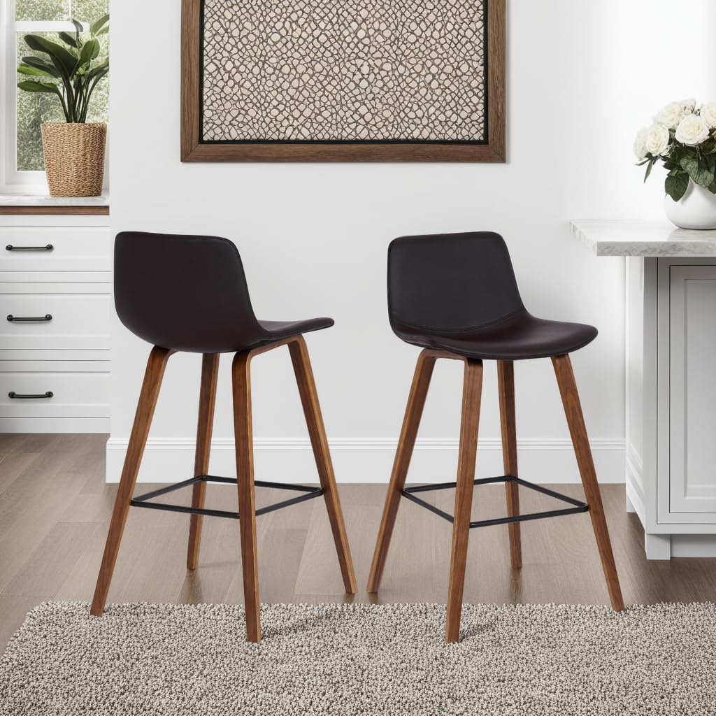 Armen Living Maddie Modern Contemporary 26" Seat Height Bar Stool for Kitchen Island Counter in Walnut Wood Finish and Brown Faux Leather