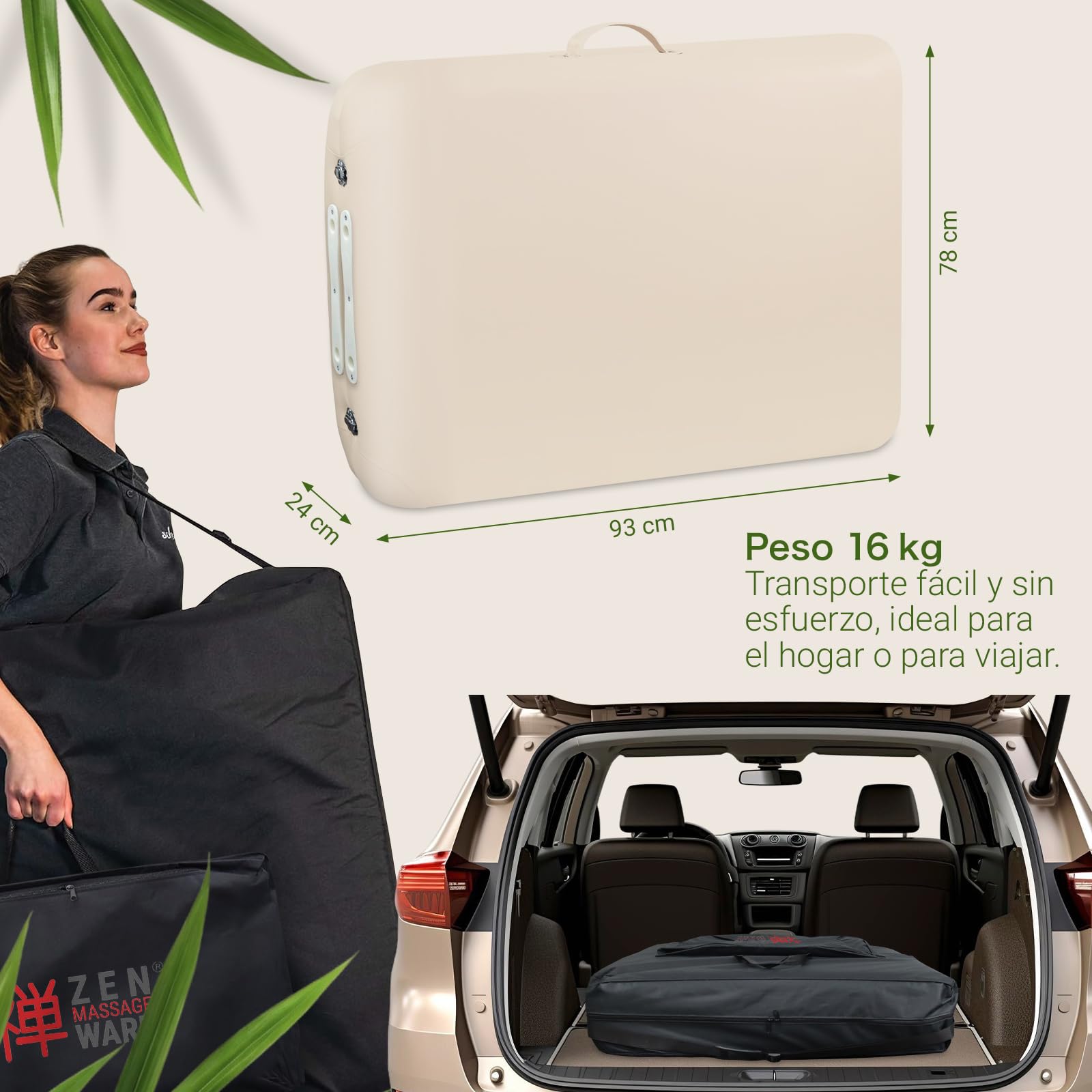 Zen – Camilla Masaje Plegable móvil de Esquinas Redondeadas Altura Regulable - Camilla estetica Madera Maciza para masajes Activos - Camilla Plegable con reposacabezas, reposabrazos y Bolsa Crema
