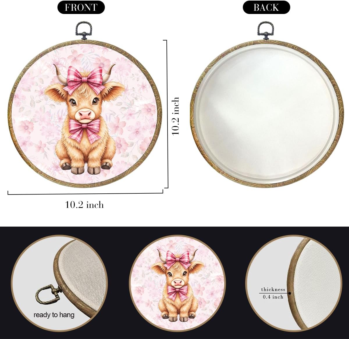 Cute Pink Bow Cow Print Decor Framed Round Wall Decor Canvas Wall Art Hanging Artwork for Home Kitchen Farmhouse Bathroom Living Girls Room Christmas Decorations Nursery Office Porch 10.2X10.2 Inch