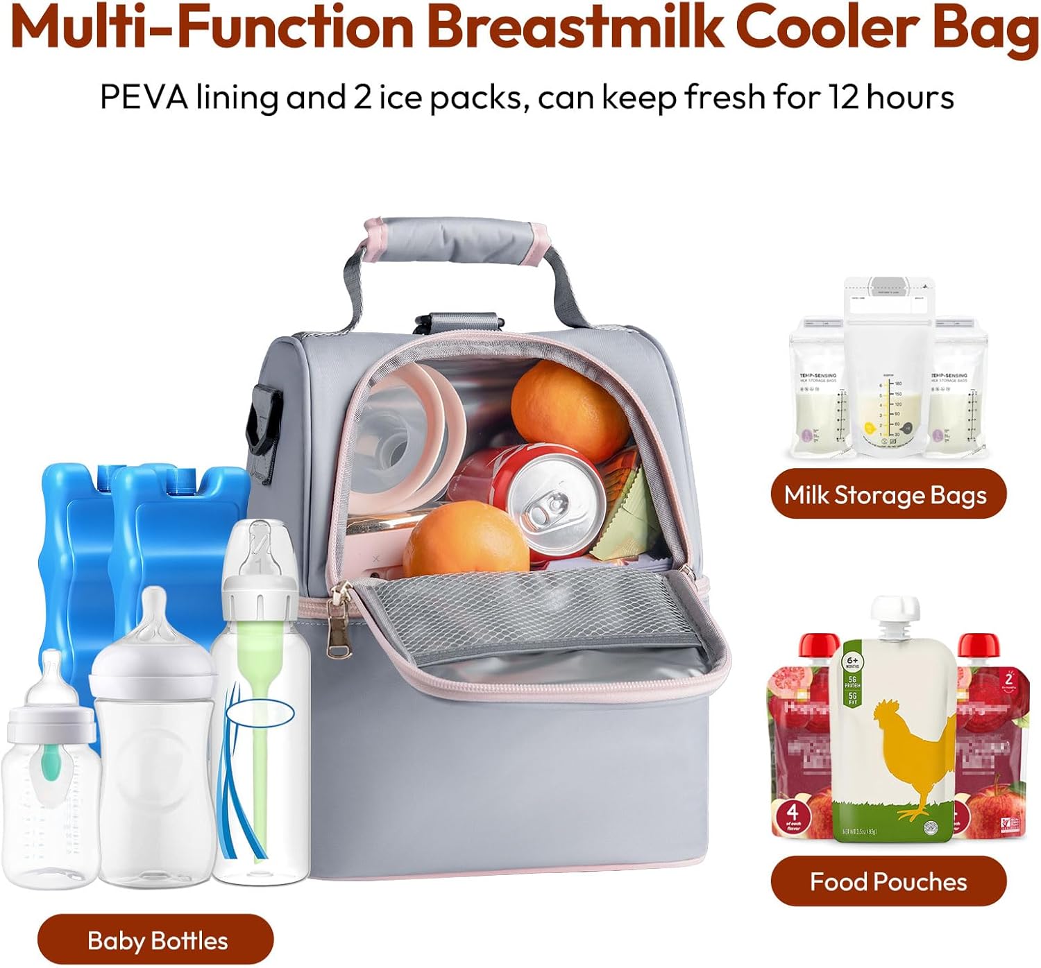 NCVI Breastmilk Cooler Bag with 2 Ice Pack, Breast Pump Bag with Cooler Fits 6 Bottles, Double Layer Breast Milk Baby Bottle Cooler Bag, for Travel, Nursing Mom Daycare, Work, Picnic (Grey)