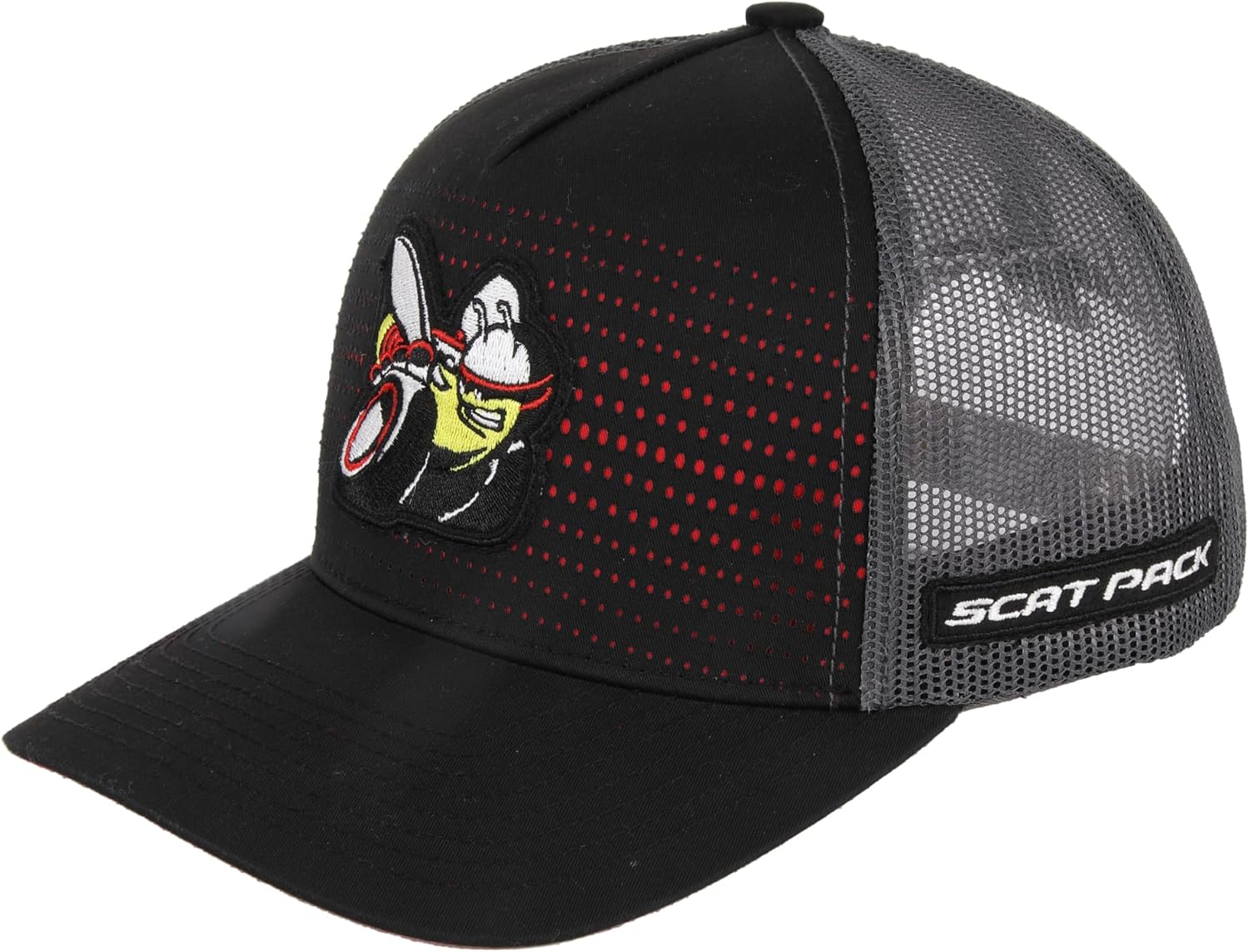 Dodge Scat Pack Rumble Snapback Trucker Hat – Black Red Mesh Cap with Embroidered Scat Pack Bee Logo Patch & Side Patch, Licensed