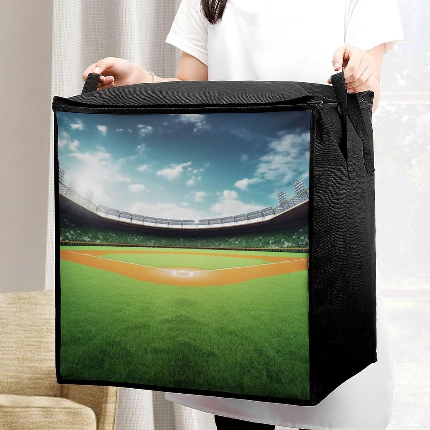 Quilt Storage Bag,Green Baseball Field Backdrop Printed Large Foldable Storage Container Portable Travel Storage Bag for Blankets, Quilts, Clothes, Comforter, Bedding And Pillows