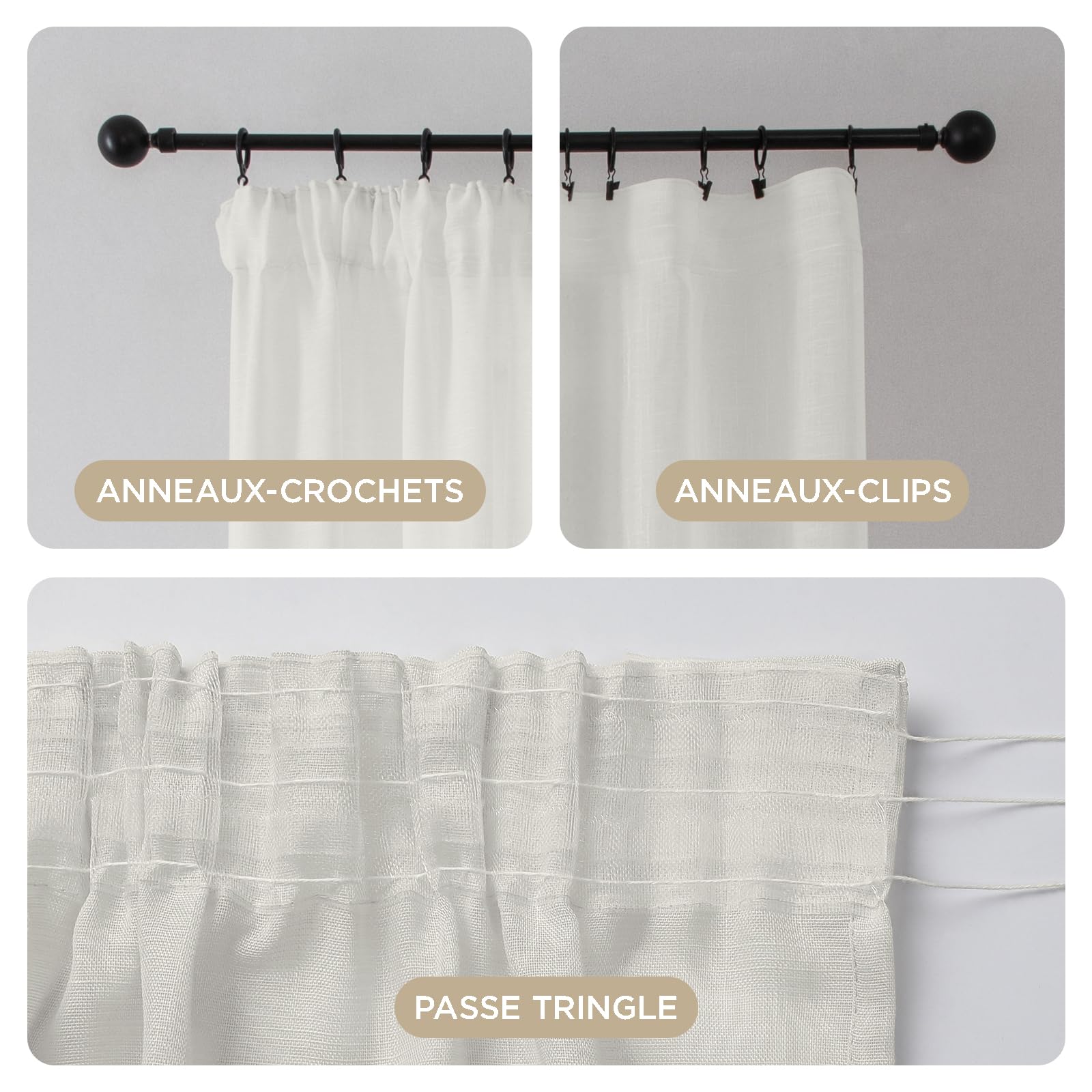 Joydeco Lot de 2 Rideaux Voilages Ivoire 140x245 cm pour Rail Plafond, Voilage Semi-Transparent Effet Lin avec Galon Fronceur pour Décoration Interieure et Filtrage de Lumière (sans Crochets)