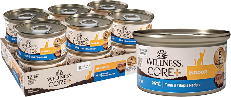 Ração úmida para gatos adultos Wellness CORE+ Indoor Patê de Atum e Tilápia sem grãos, 79 g, Pacote com 12