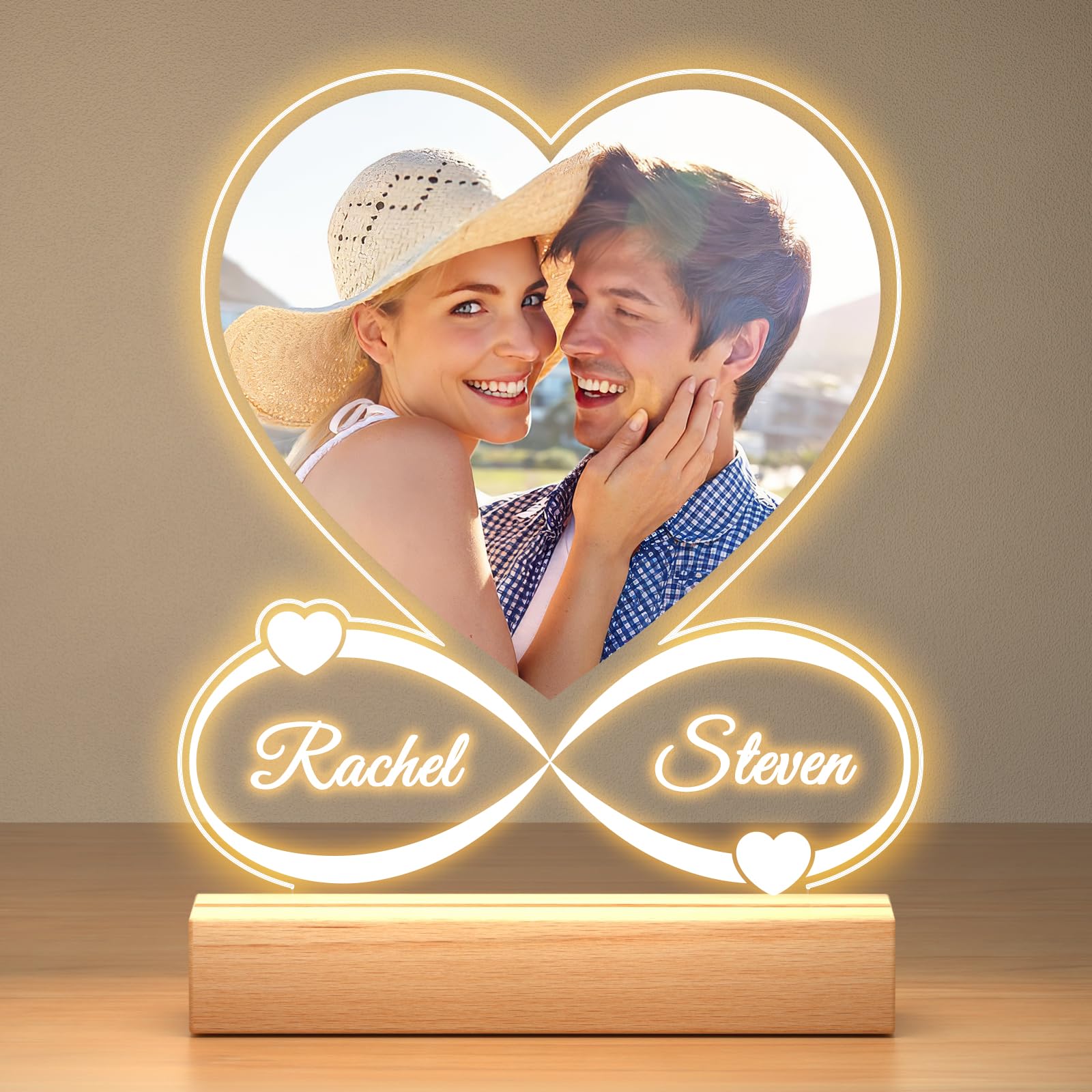 Jkolalin Regalo Aniversario Pareja, Regalos Personalizados para Mujer & Hombre, Cuadro Personalizado con Foto, Placa Personalizada con Luz Nocturna, Regalos Originales para Mujer Hombre Parejas