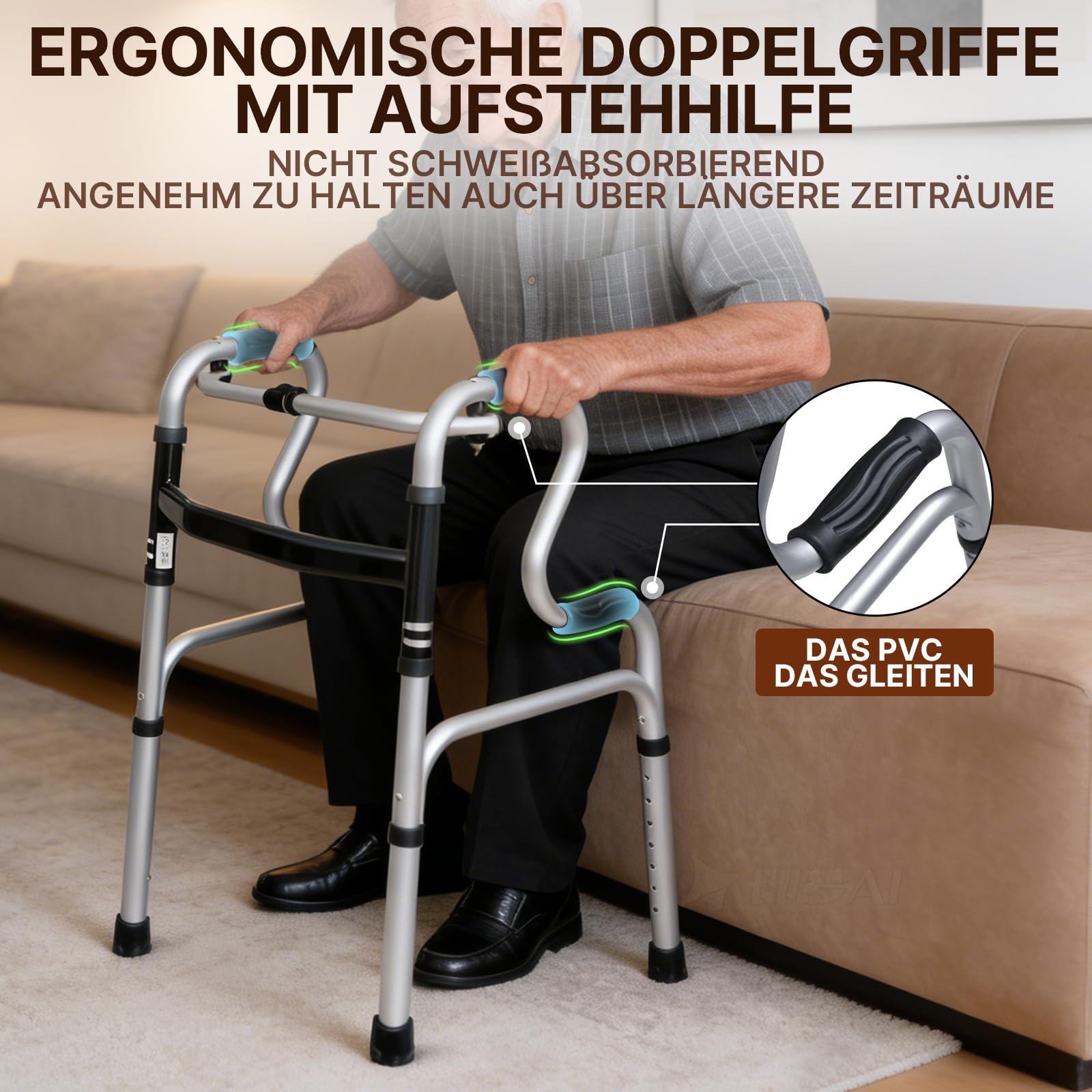 Składany wózek spacerowy z aluminium 6063-T5, regulacja wysokości (77-95 cm), tryb fix i wibracja 2 w 1, antypoślizgowe uchwyty, czteropunktowa stopka, obciążenie do 100 kg – pomoc dla seniorów i