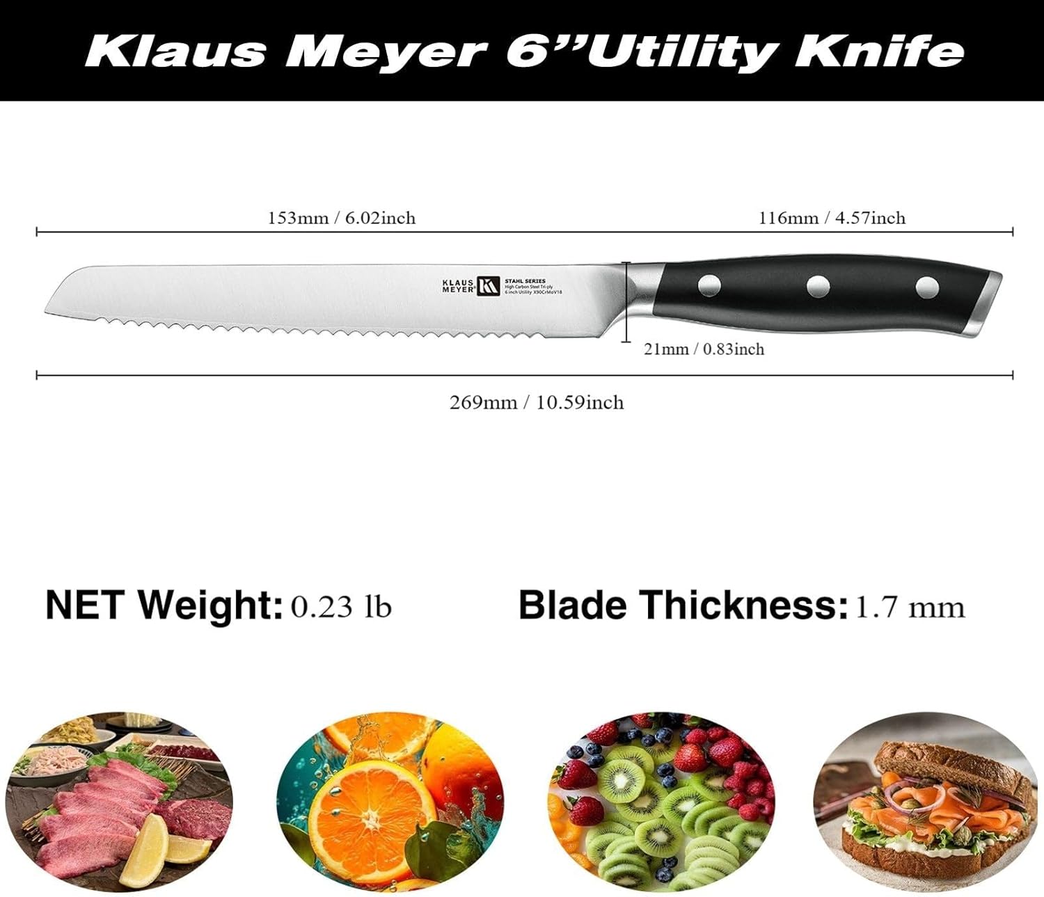 Klaus Meyer Stahl High Carbon Tri-ply Steel 6 inch Utility Serrated Knife