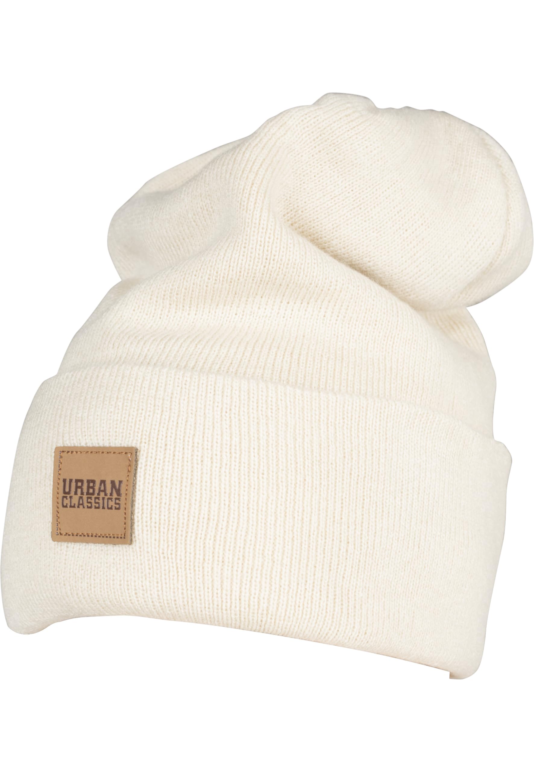 Urban Classics Unisex Leather Patch Long Beanie Knitted Had - Sand, Einheitsgröße