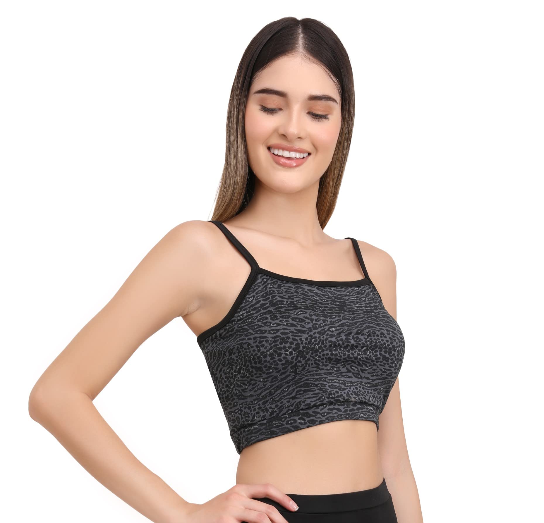 CREVOX Black Leopard Printed Padded Sports Crop Top for Womens (Medium, Nylon)
