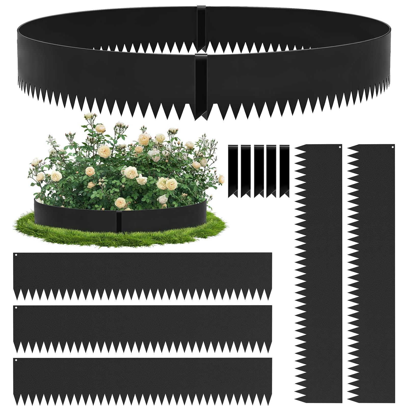 Victoam 5 Pcs Pre-Rusted Zinc Plating Lawn Edging, Basic Model Garden Edging Border, 107.5cm Length 20cm Height 1.5mm Thick No Dig Metal Lawn Edging for Yard Flower Bed Pathway Outdoor Decor (Black)