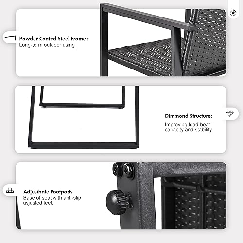 Miniatura 6 de SUNLEI - Juego de muebles de mimbre para exteriores, 3 piezas, dos sillas y mesa auxiliar con vidrio, para café, color negro