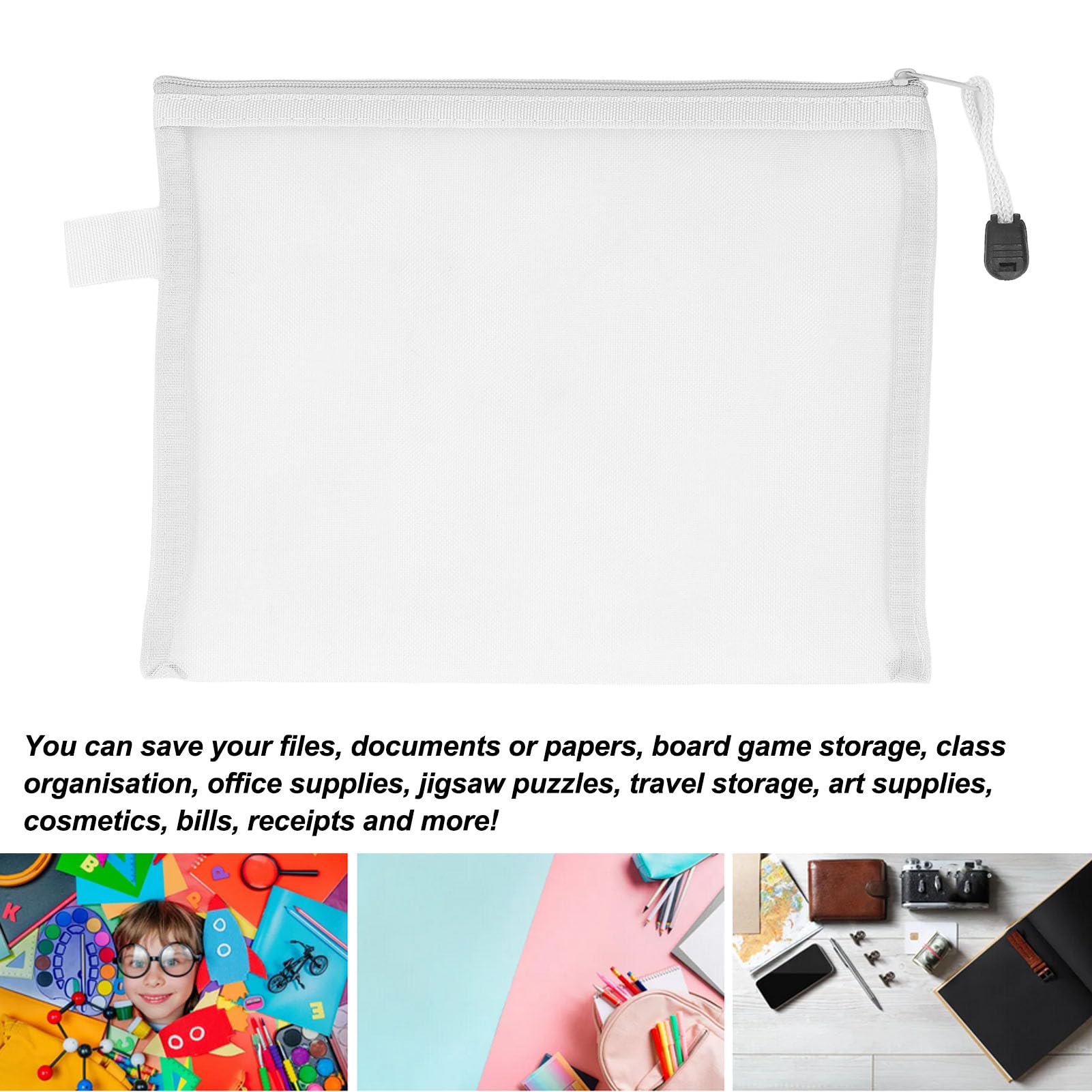 10Pcs A5 Mesh Zipper Pouch Bag, Nylon Mesh Zipper Pouch Bags Mesh Zipper Document Pouch Convenient Hanging Rope Waterproof Zipper Pouches for Office Home Hospital Travel (White) - Image 3