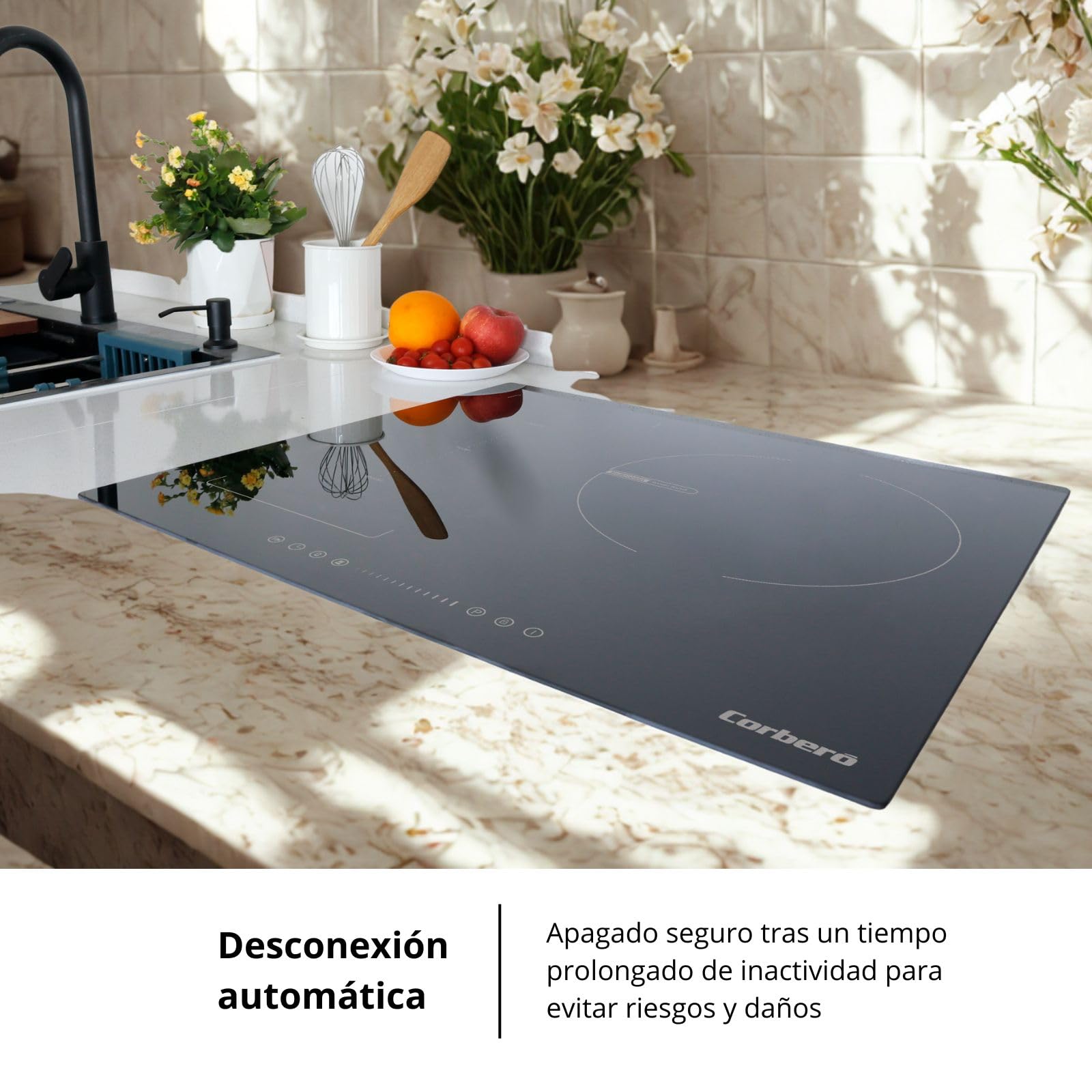 Corberó - Placa de Inducción | CCIG373FLEX | 60cm | 3 Zonas con Zona Flex | 7300W | Control Táctil Slider | 9 Niveles | 3 Booster | Temporizador | Desconexión automática | Cristal Ilva