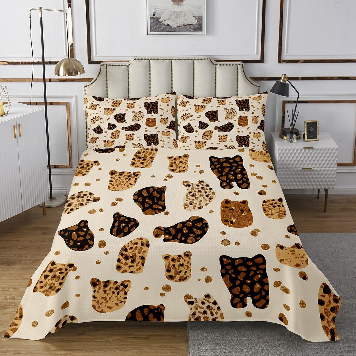 jejeloiu Boys Girls Leopard Coverlet Set King Size, Cheetah Bedspread Kids Animal Print Quilted Coverlet Teens Bedroom Decor with 2 Pillow Case