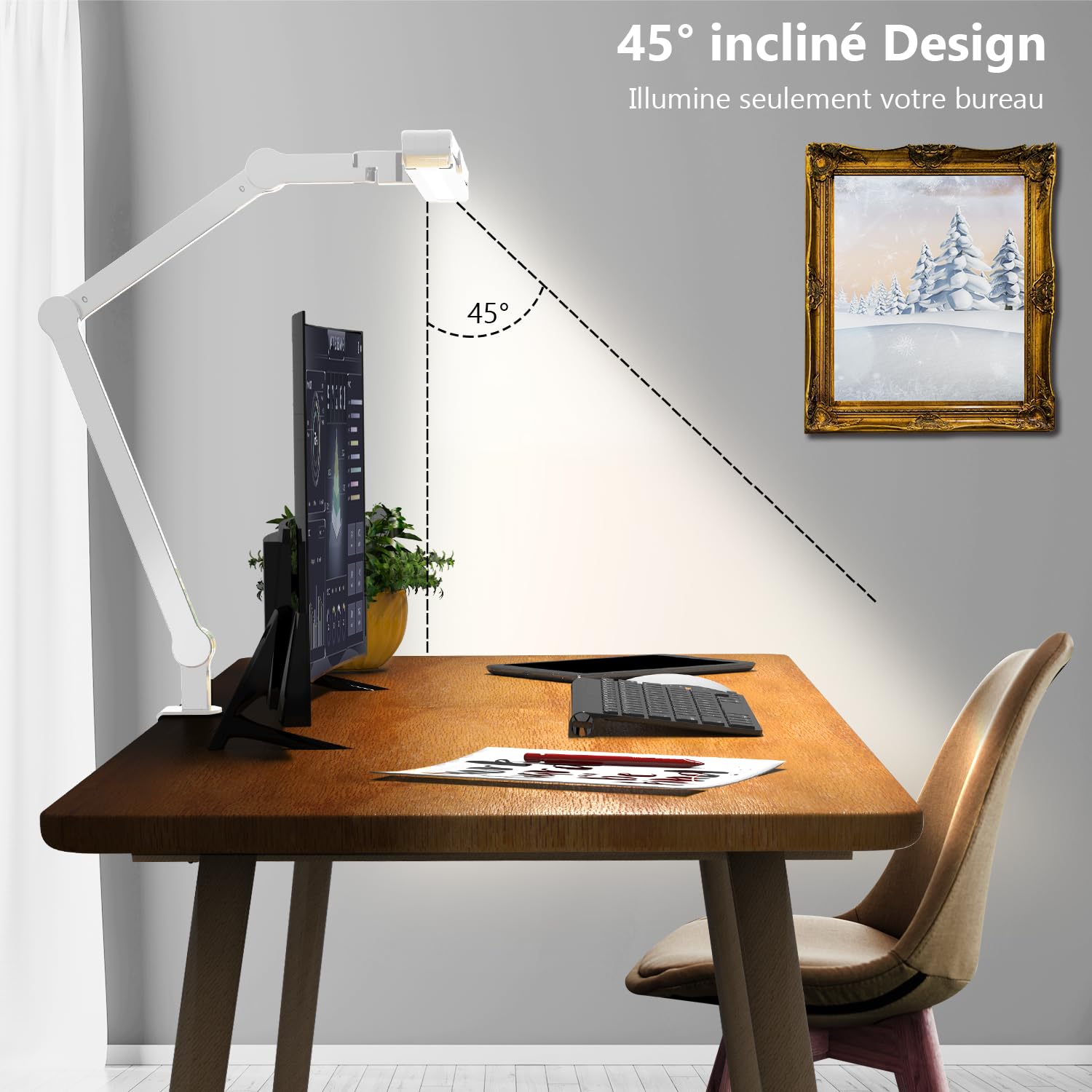 Quntis 80cm LED Lampe De Bureau Dimmable, 24W Lampe De Table Puissante Avec Pince, Lère Tactile