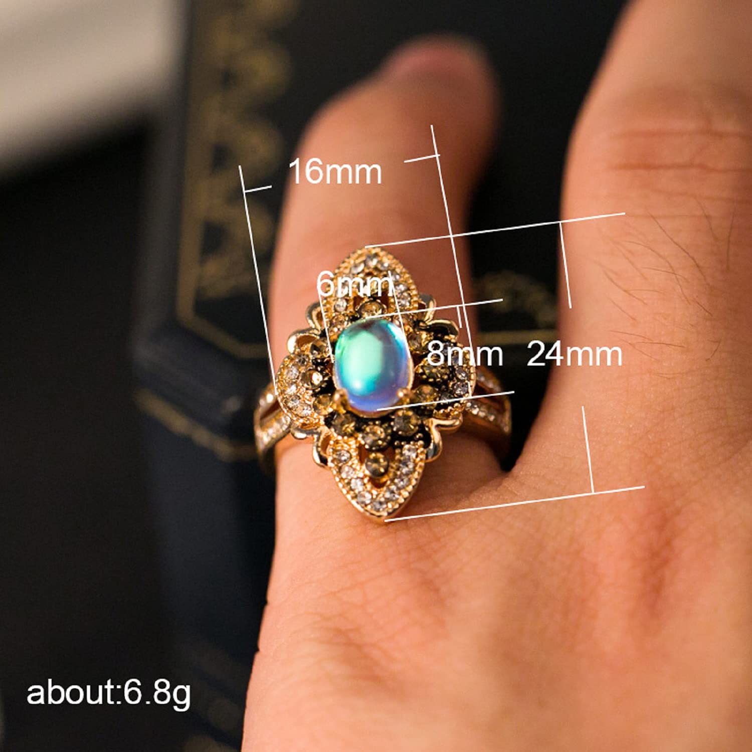 HengSun Classical 925 Silver Floral Ring Moonstone Treasure Blue Sapphire Ladies Moonstone Ring Engagement Cocktail Party Wedding Band Ring/Women (8)