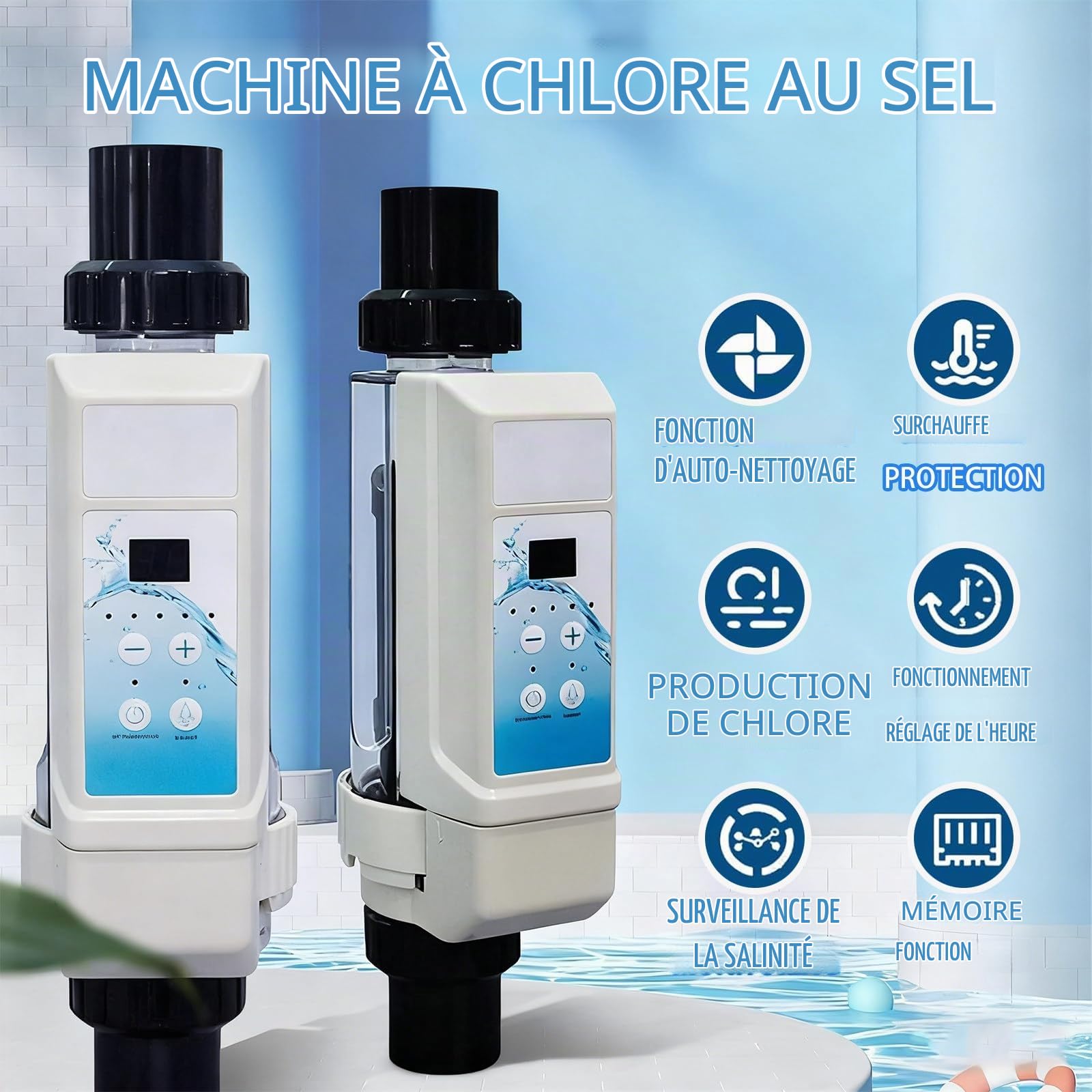 Électrolyseur Piscine Salée Professionnel, Chlorinateur 8-20g/h, Affichage Salinité, Nettoyage Automatique, pour SPAs et Centres Thermaux 20g/h