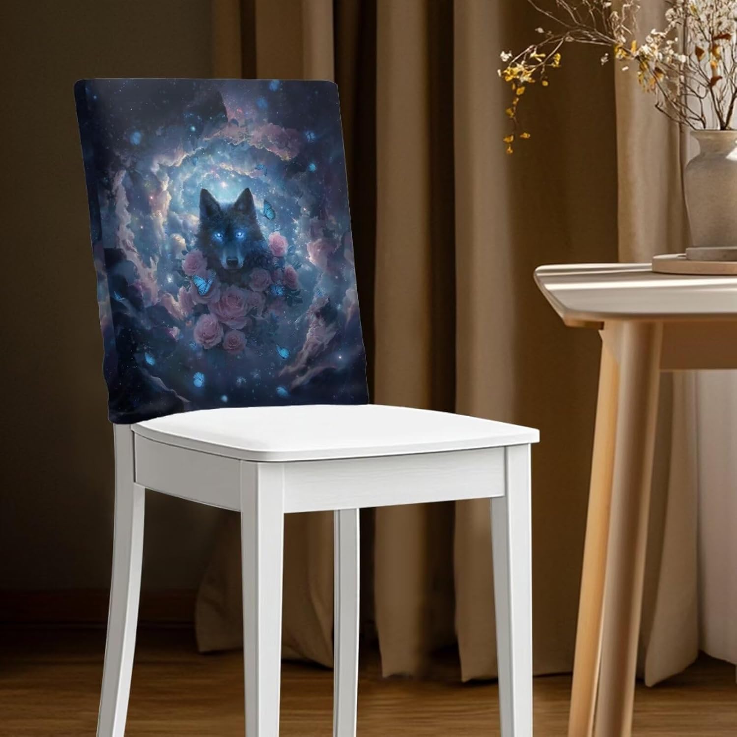 Talayituse Wolf Rose Butterfly Galaxy Print Dining Chair Back Covers Brushed Stretch Fabric Cover for Chairs Back 20 x 19 Inch Universal Washable Chair Covers Seat Protector, 6 Pack