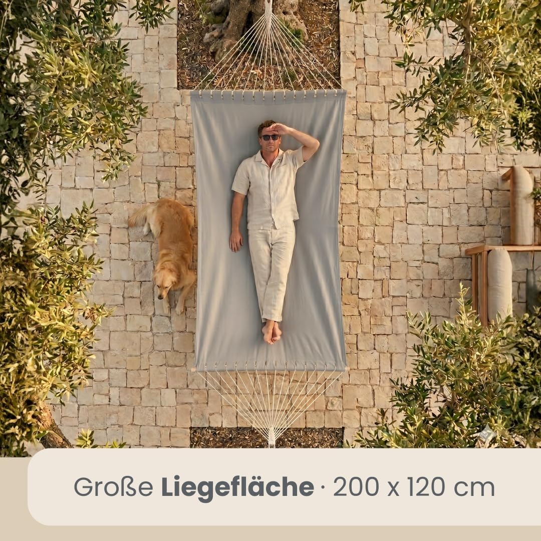 AMANKA XXL Stabhängematte 200x120 cm Grau - Doppelhängematte für 2 Personen - Große Hängematte mit Spreizstab Outdoor & Indoor - Balkon Garten Terrasse Camping - Reise Hängeliege aus 100% Baumwolle