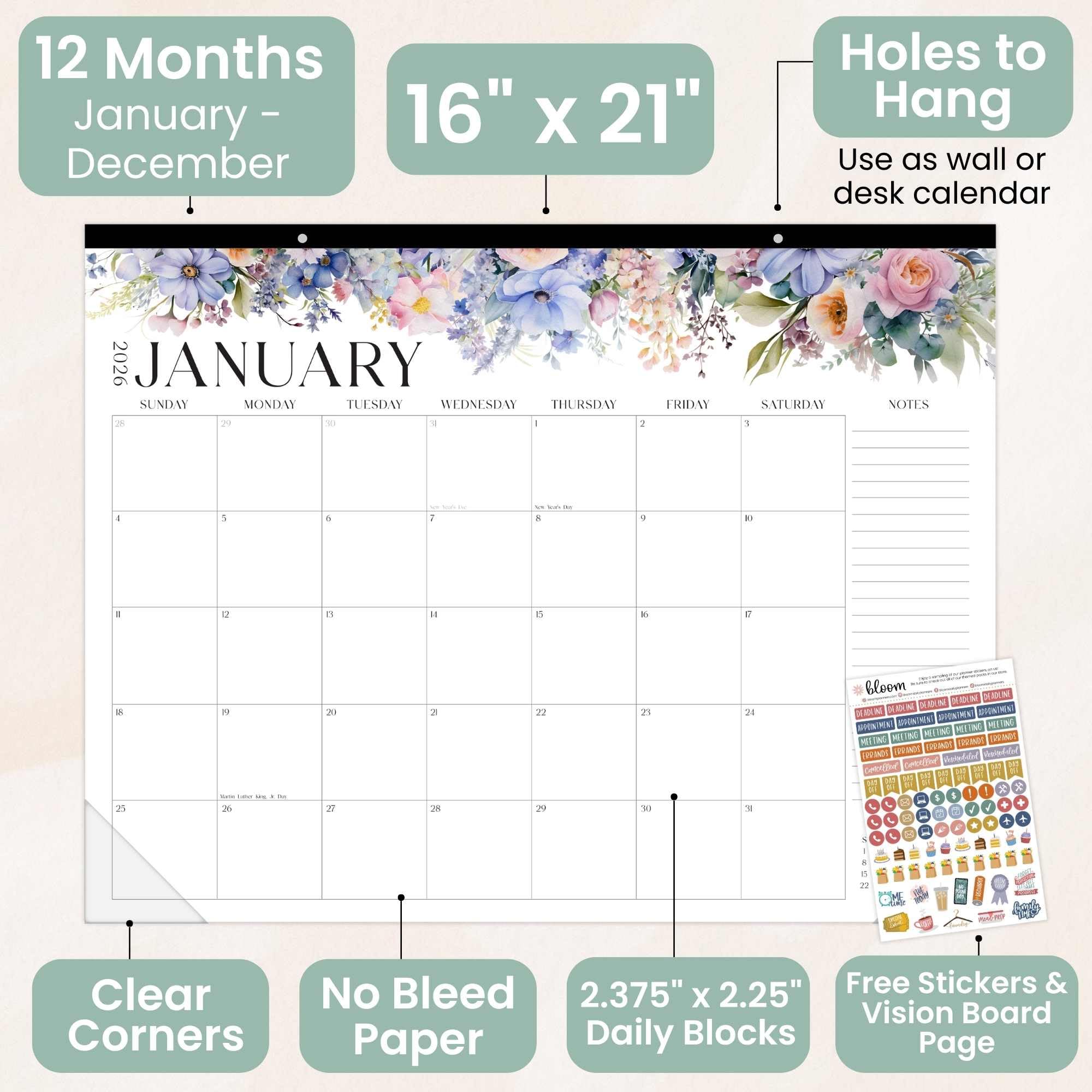 bloom daily planners 2026 Desk Calendar - January to December Large Wall Calendar - 21 x 16 Desktop & Hanging Monthly Planner with Stickers for Home or Office - Seasonal Florals - Image 3