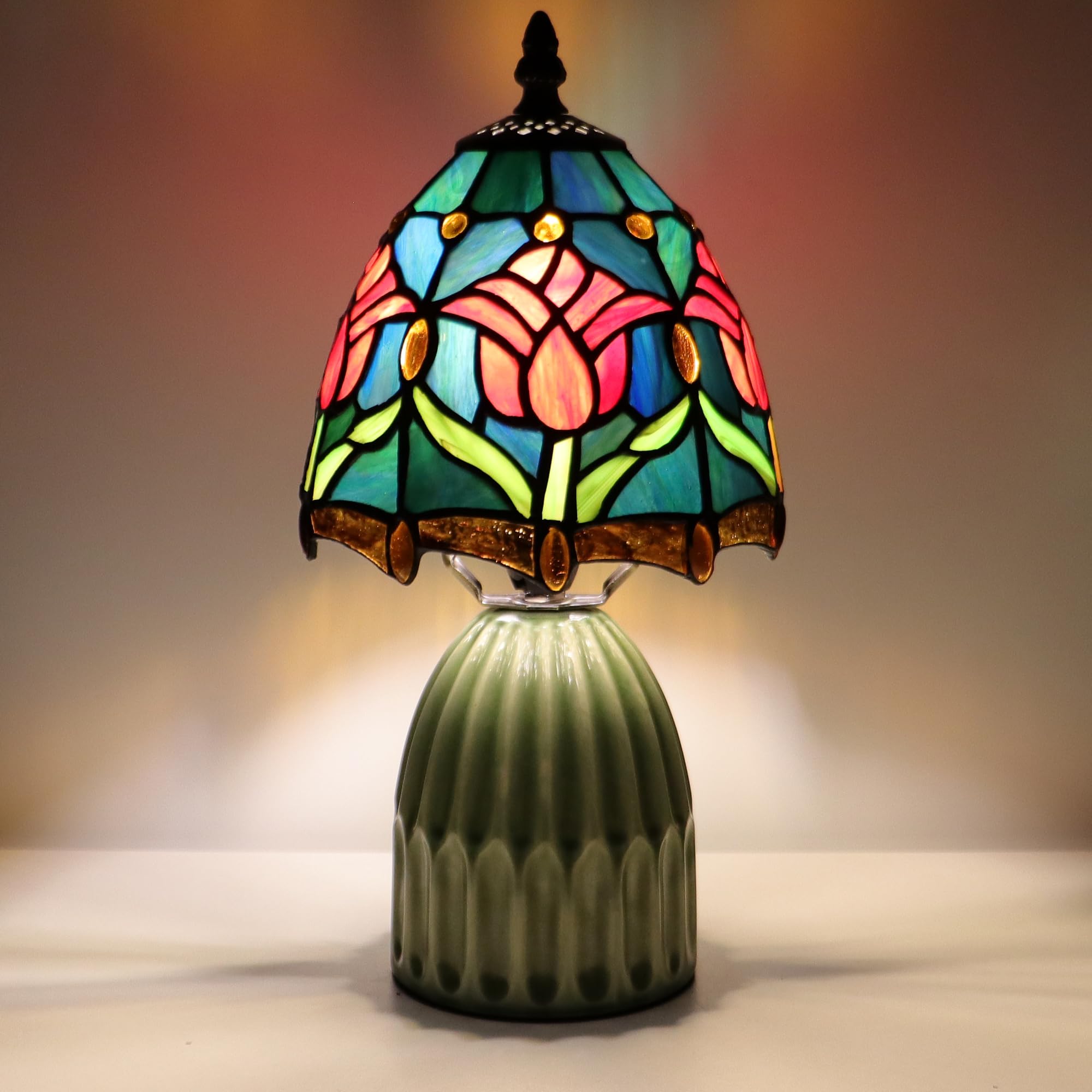 Tiffany Stained-Glass Mushroom Lamp, Blue & Red Tulips (12.5 in) by Tiffany-style — Home Décor pick
