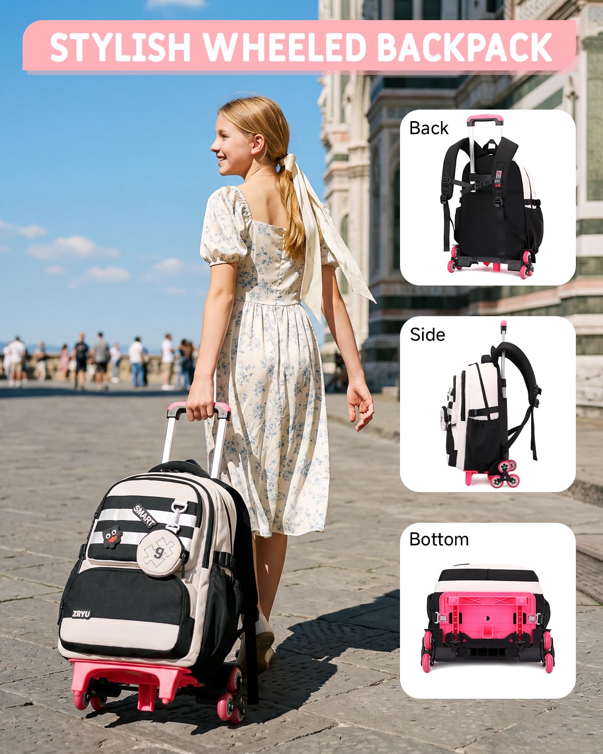 Tanou Zaino Trolley Scuola Elementare e Media per Ragazze Adolescenti 30 L | Staccabile Zaino Rotelle Bambina, Zaino Casual con Ruote in Nylon Impermeabile per la Scuola Viaggio, Nero