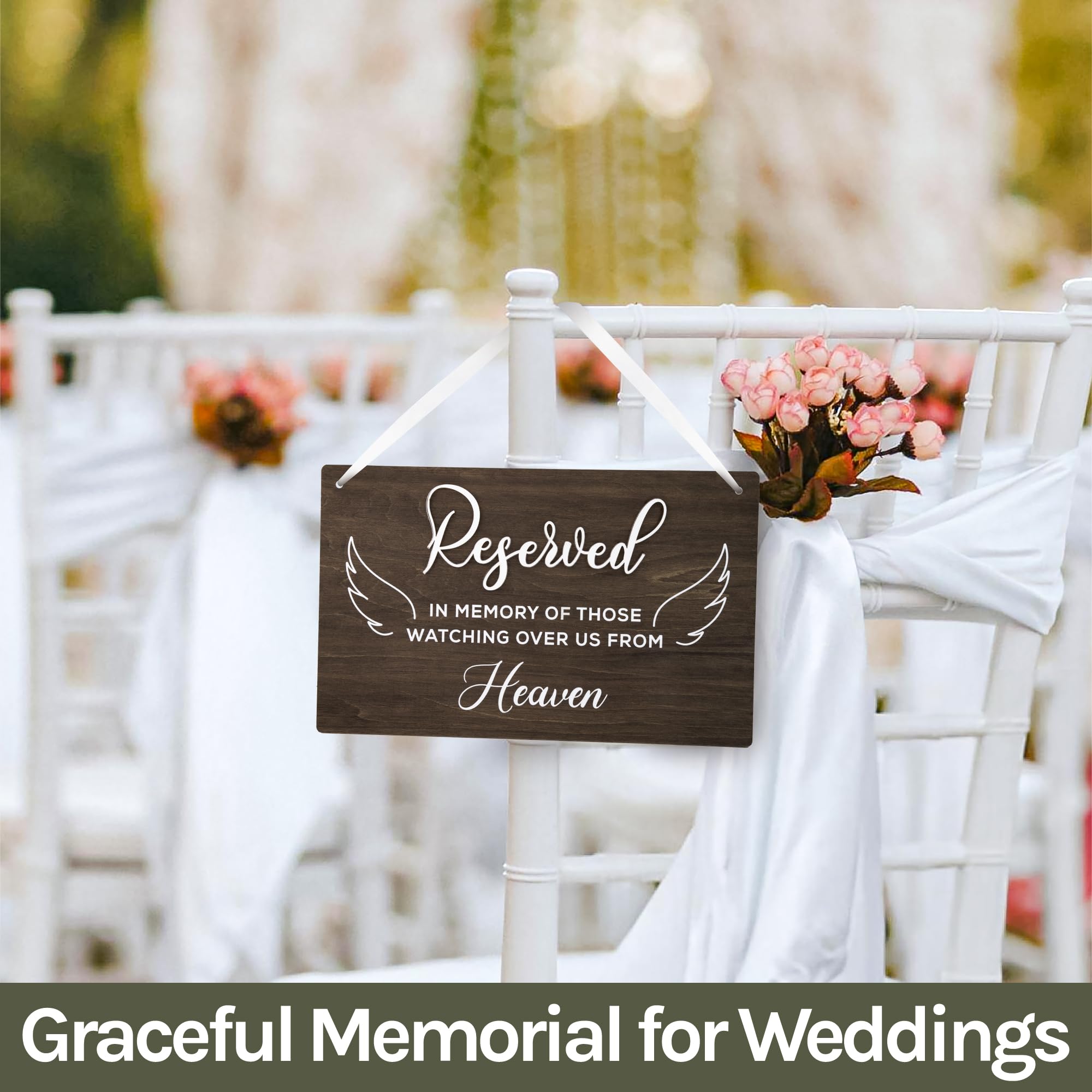 STOFINITY 'Reserved Seating Signs Wedding Heaven' - Reserved Memorial Wedding Chair, Holzschild für Hochzeitszeremonie, Sitzbanner, Gedächtnis | Holz, 30,5 x 18,3 x 0,8 cm, vormontiertes Band, hängt am Stuhl, Gedenkdekoration, Hochzeitszeremonie