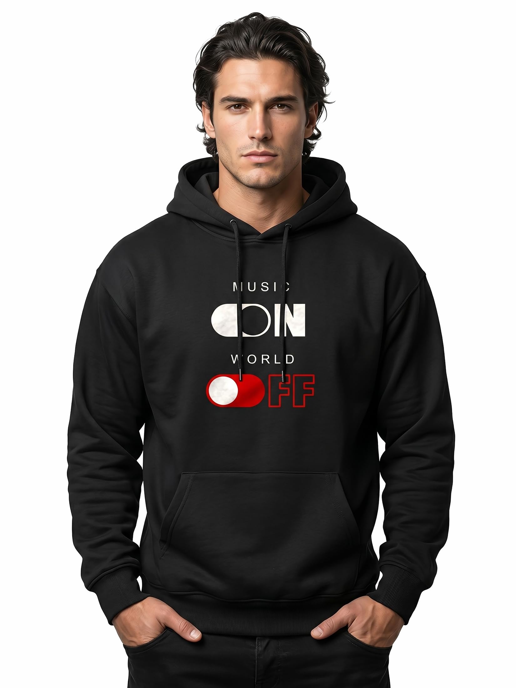 MAKAYA Felpa con Cappuccio Uomo con Scritta Music On World off Hoodie DJ Hip Hop Techno House Streetwear