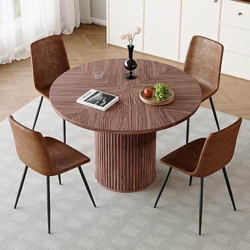 Miniatura 15 de Juego de mesa de comedor redonda para mesa de comedor de madera acanalada de 4,42 pulgadas para 4 con pedestal cilíndrico, juego de mesa y sillas de