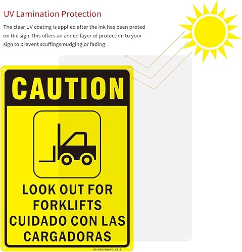 Miniatura 3 de Precaución letrero bilingüe con texto en inglés Look Out Out For Forklifts, señal de advertencia reflectante de aluminio de 14 x 10 pulgadas para