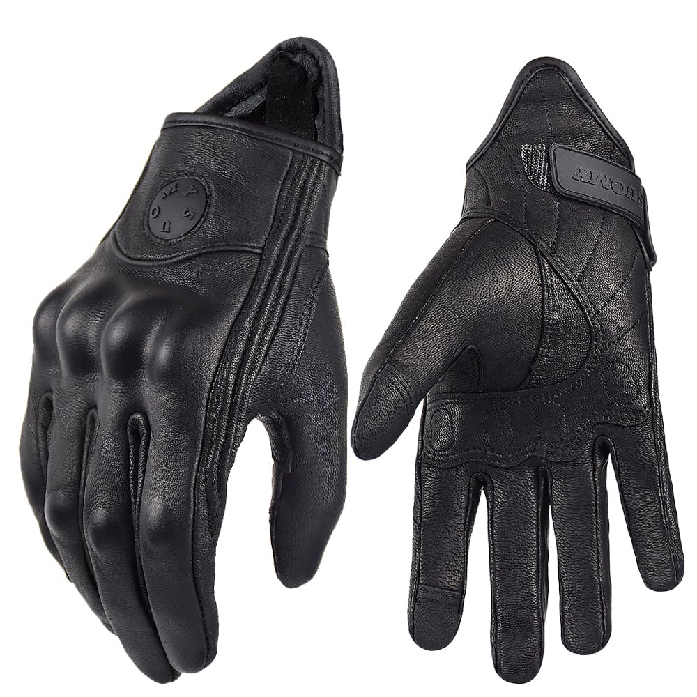 Motorradhandschuhe Lederhandschuhe Motorrad Retro Motorradfahrer Handschuhe Herren Damen Vintage Motocross Handschuhe Schwarz Motorradzubehör Motorrad Handschuhe(Noir,M)