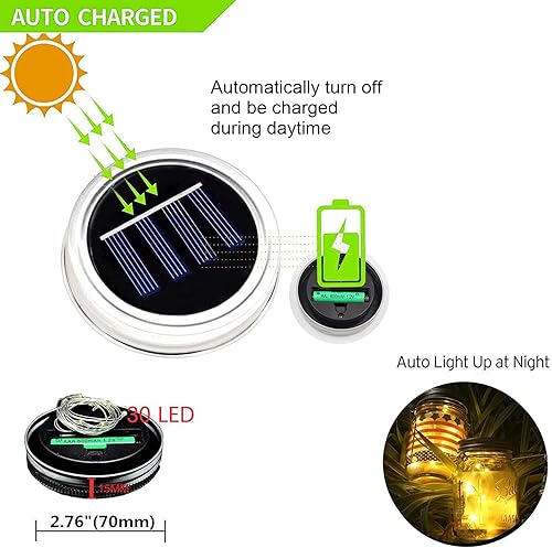 Miniatura 2 de Paquete de 10 luces solares Mason Jar para exteriores, 30 luces LED solares para frascos, luces de luciérnaga con ganchos (sin tarros),