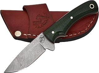 Knives Ranch Handmade Damascus Steel Full Tang 6-1/2" EDC Utility Knife - Kale Green Burlap Micarta Handle - Cowboy Leather Sheath Snug Fit (3055-KALE) - Knives Ranch