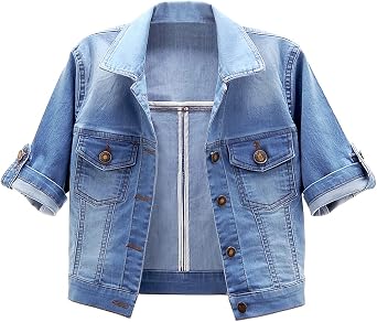 Women Short Sleeve Denim Jacket Button Down Shawl Stretch Denim Jean Jacket