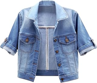 BlueFire2015 Women Short Sleeve Denim Jacket Button Down Shawl Stretch Denim Jean Jacket Price In India