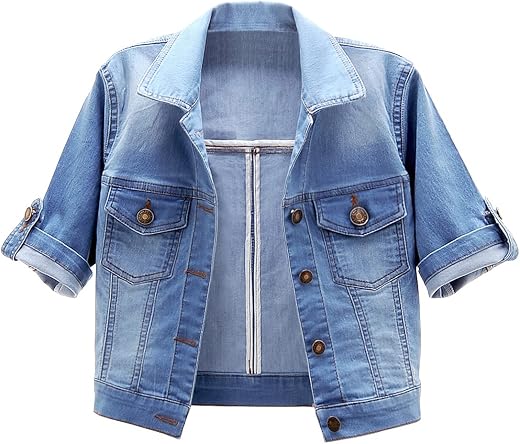 BlueFire2015 Women Short Sleeve Denim Jacket Button Down Shawl Stretch Denim Jean Jacket